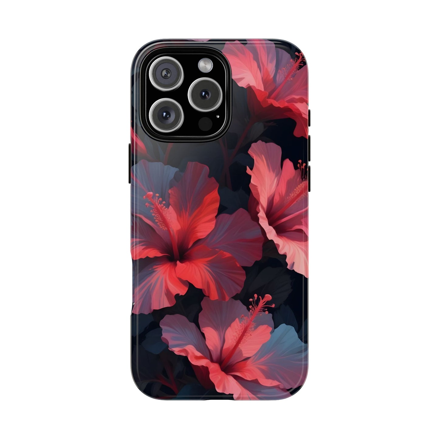Vibrant red and pink hibiscus flowers blooming against a dark background| Floral phone case design