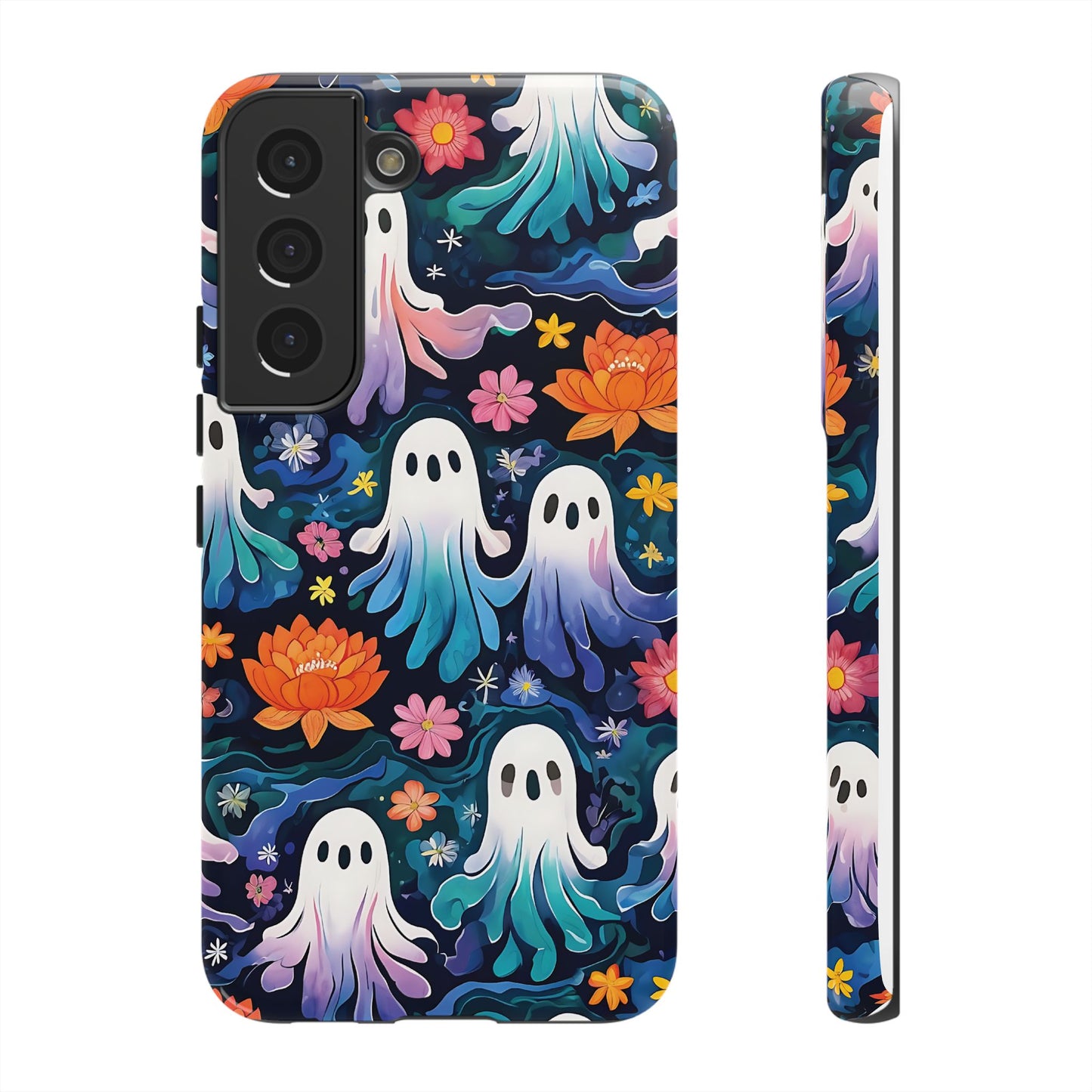 Whimsical Pattern Of Ghosts And Colorful Flowers phone case design.