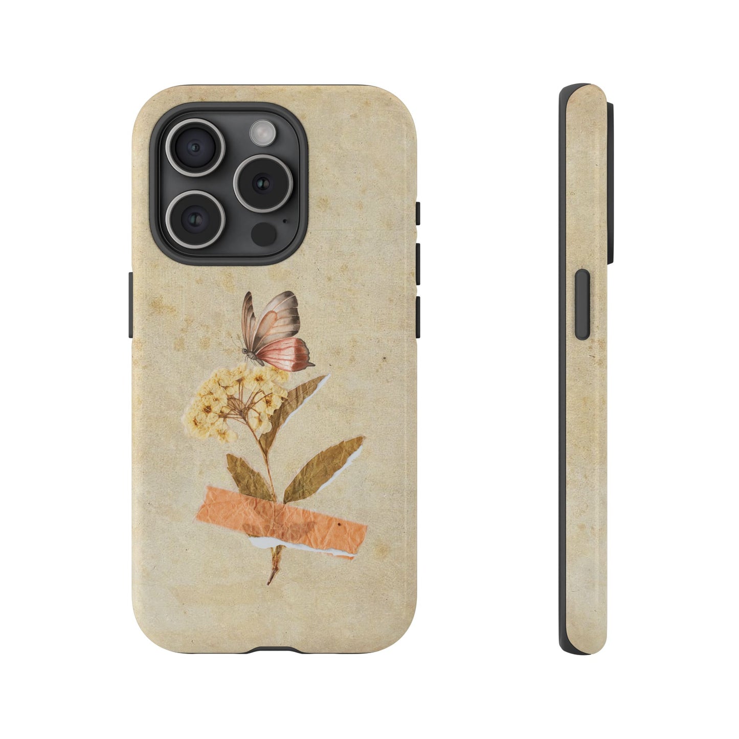 Minimal Vintage Floral Phone Case – Yellow Flower & Butterfly on Beige | For iPhone, Samsung & Google Pixel