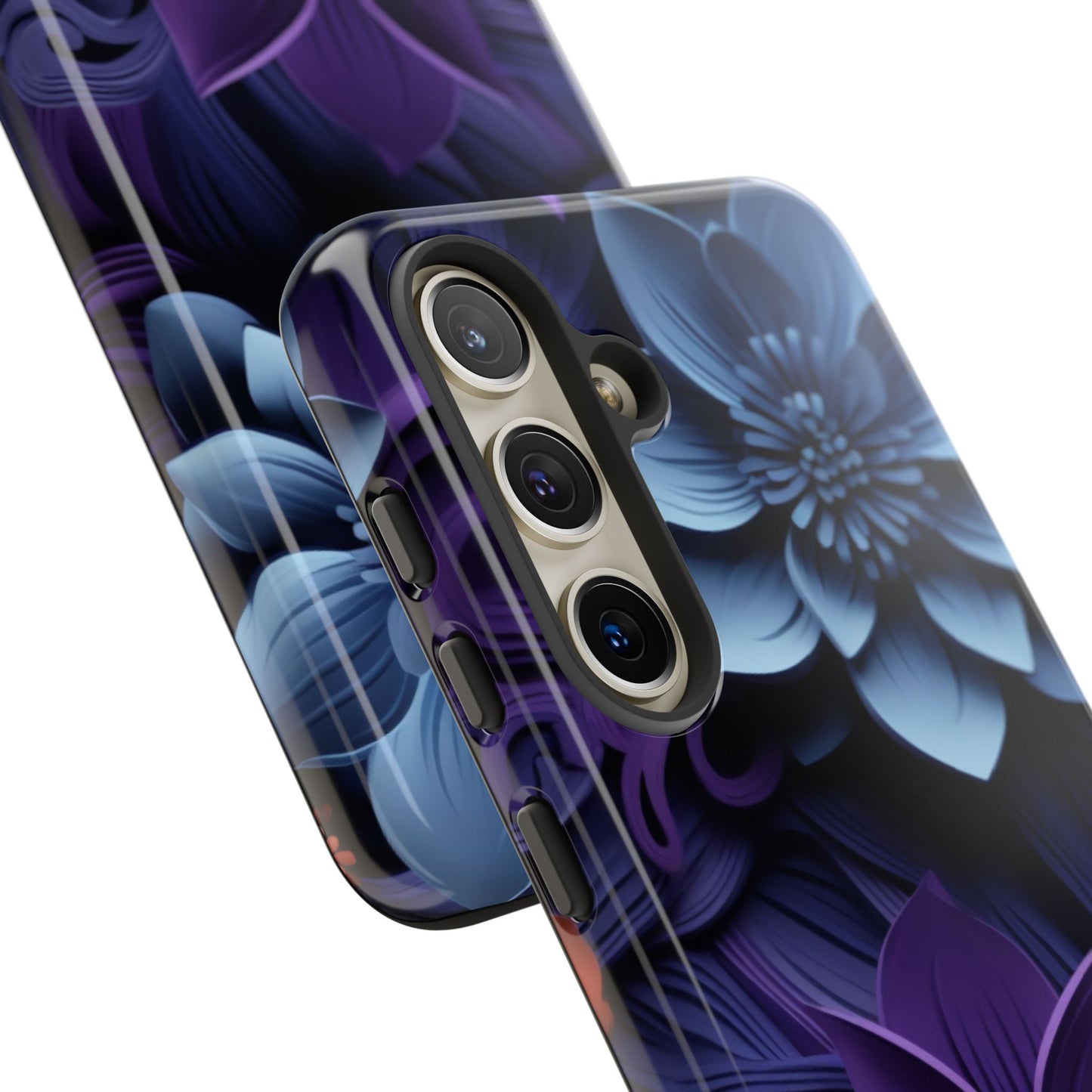 3D Floral Elegance Mobile Case – Midnight Blue & Purple Bloom