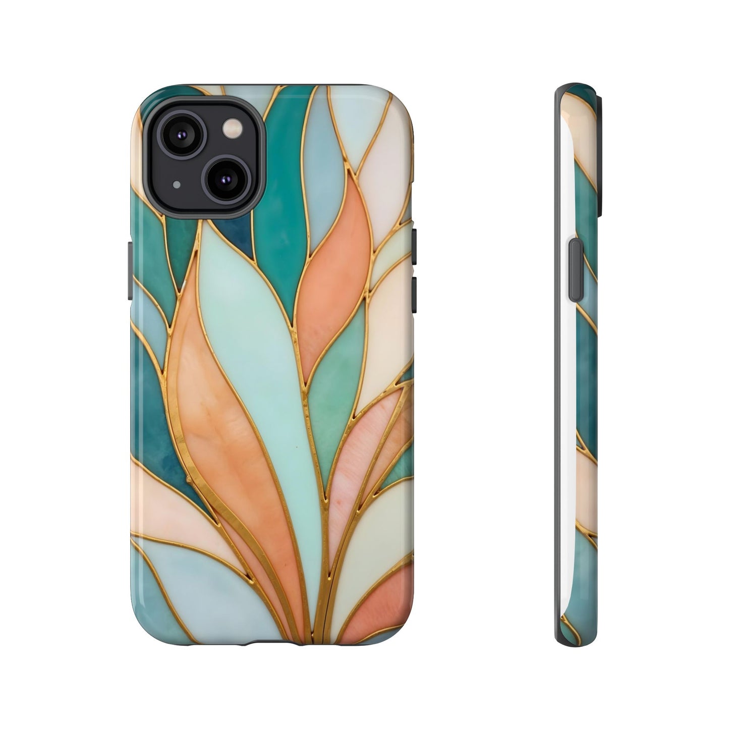 Geometric Leaves: Teal, Peach, and Gold Harmony