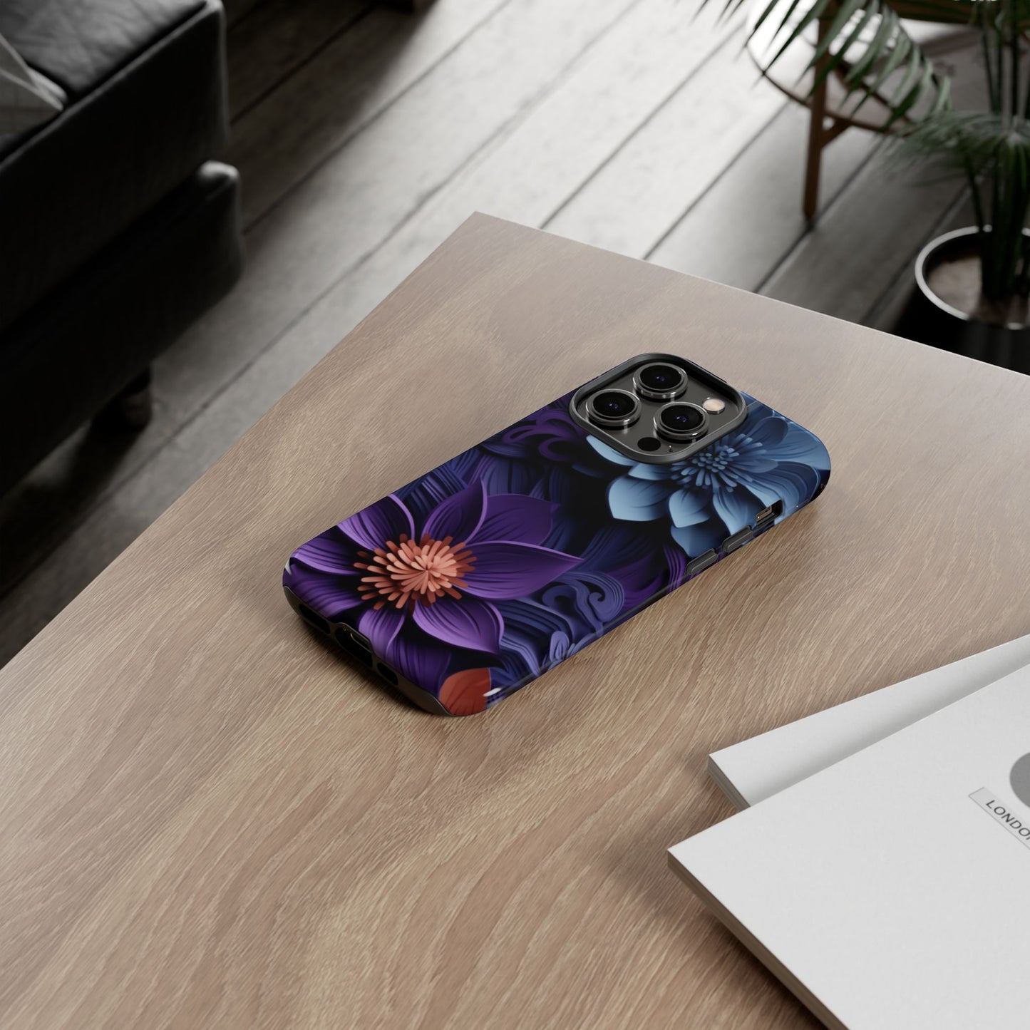 3D Floral Elegance Mobile Case – Midnight Blue & Purple Bloom
