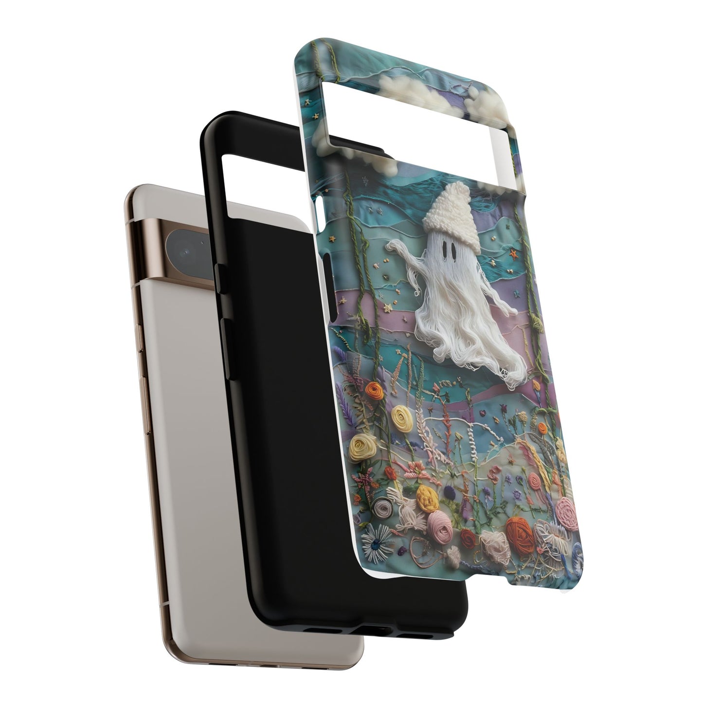 Whimsical Ghost Surrounded By Vibrant Embroidered Flowers phone case design.