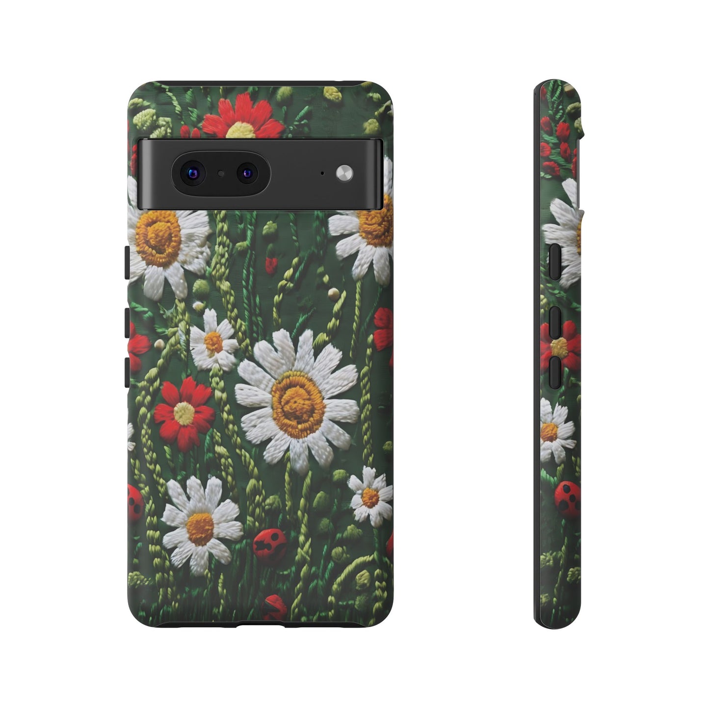 Intricate Embroidered Fabric Featuring Daisies And Ladybugs phone case design
