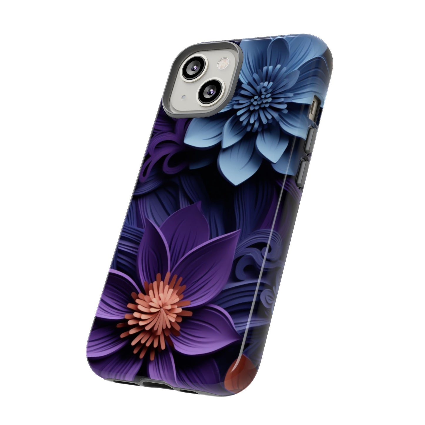 3D Floral Elegance Mobile Case – Midnight Blue & Purple Bloom