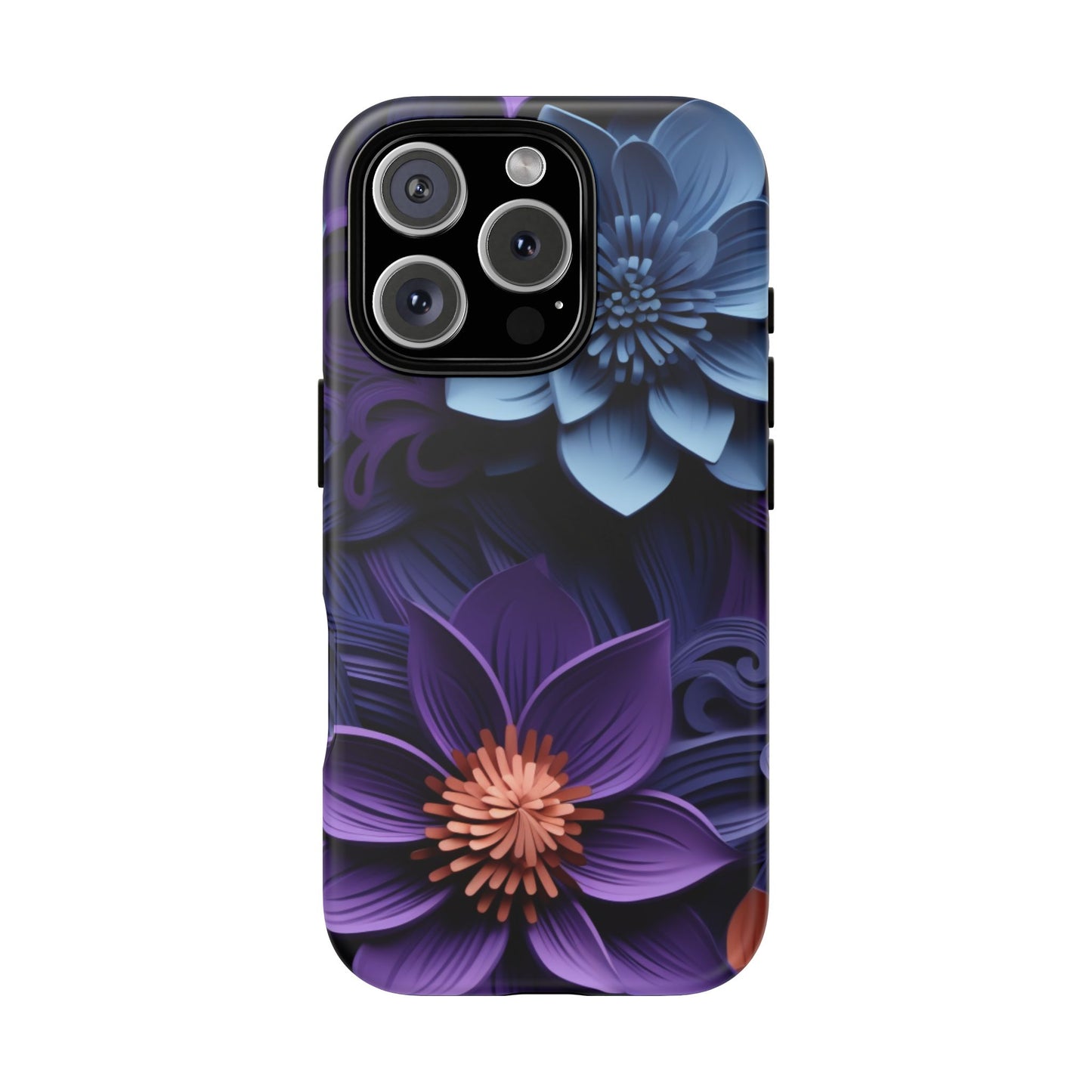 3D Floral Elegance Mobile Case – Midnight Blue & Purple Bloom