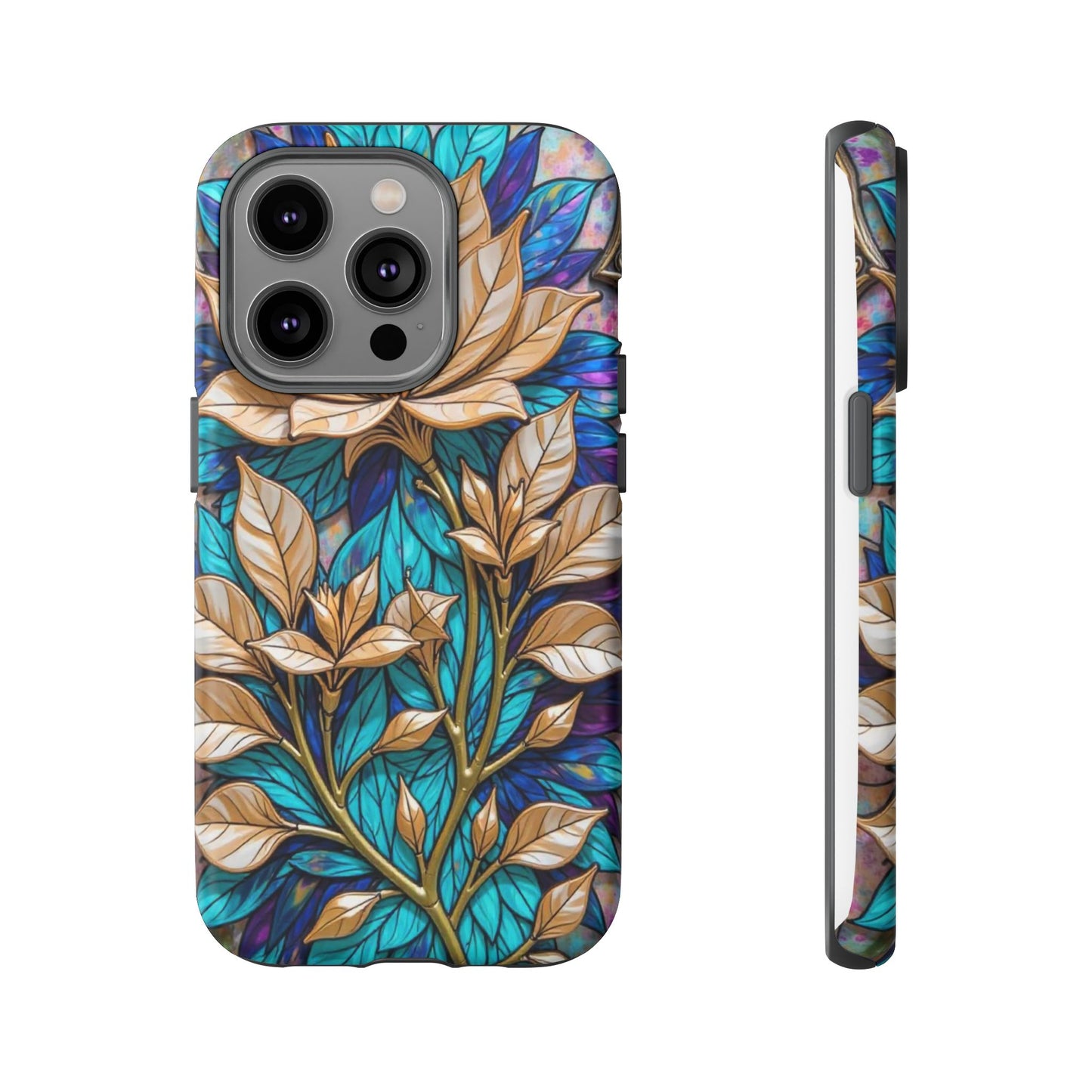Majestic Golden Blossoms on Mosaic Blue Splendor