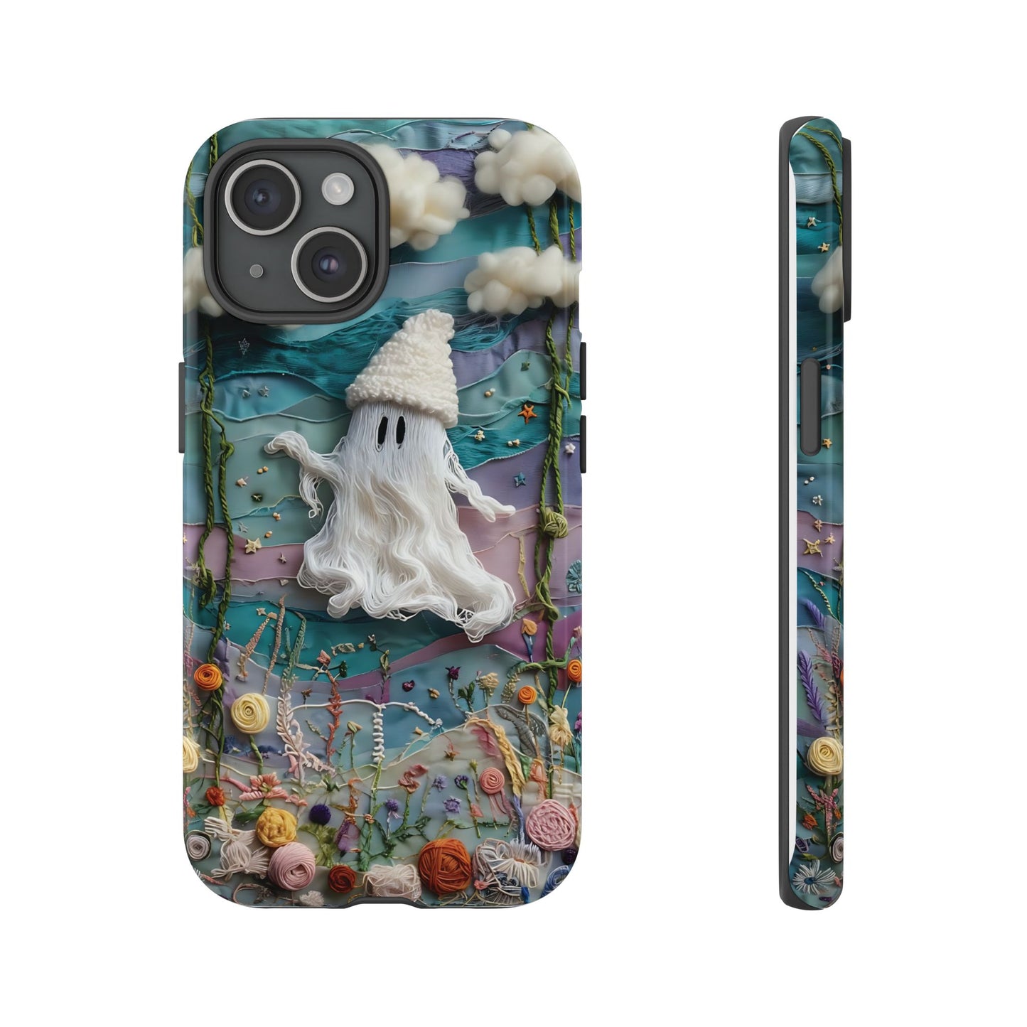 Whimsical Ghost Surrounded By Vibrant Embroidered Flowers phone case design.