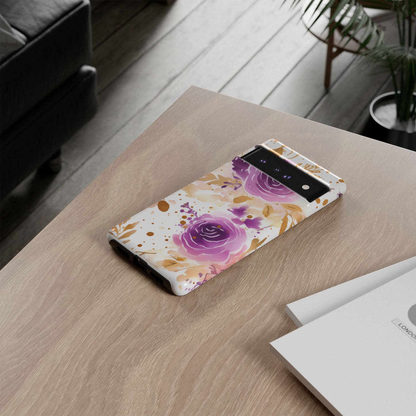 Purple Bloom Watercolor Mobile Case – Artistic Elegance in Gold & Lilac