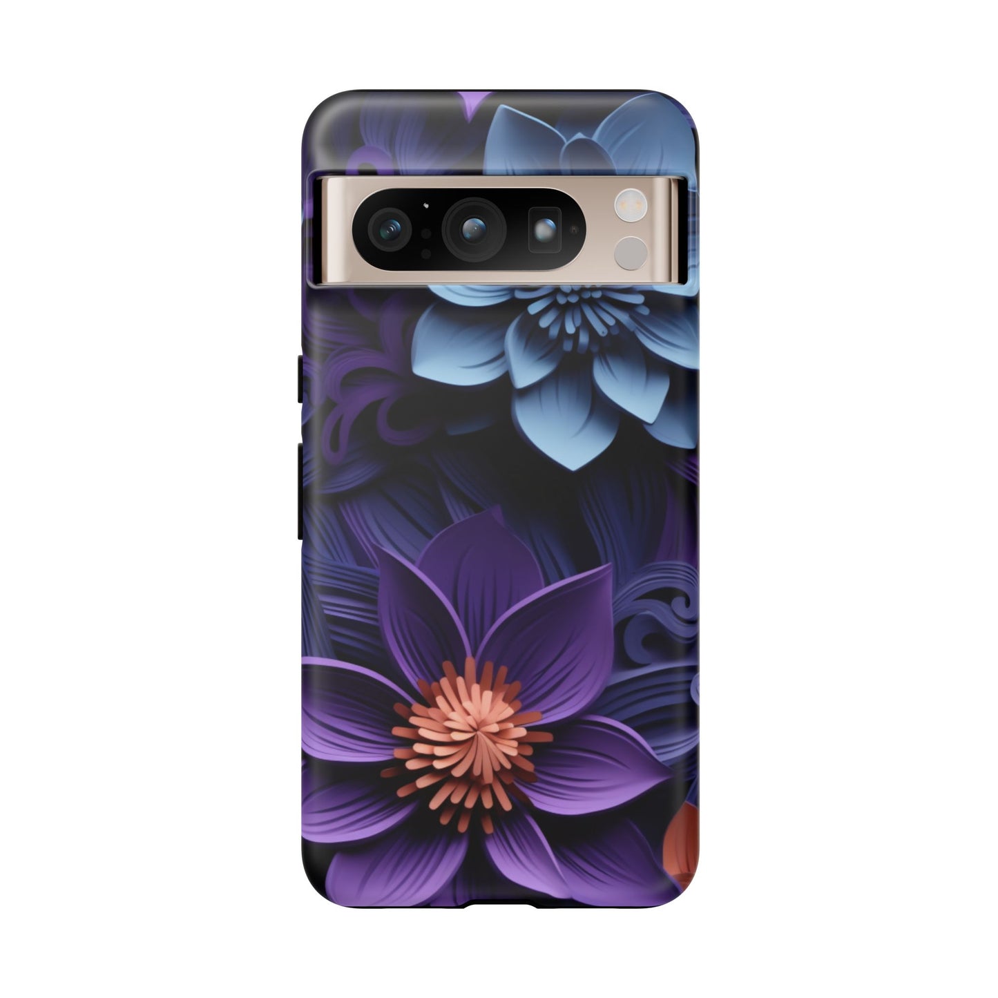 3D Floral Elegance Mobile Case – Midnight Blue & Purple Bloom