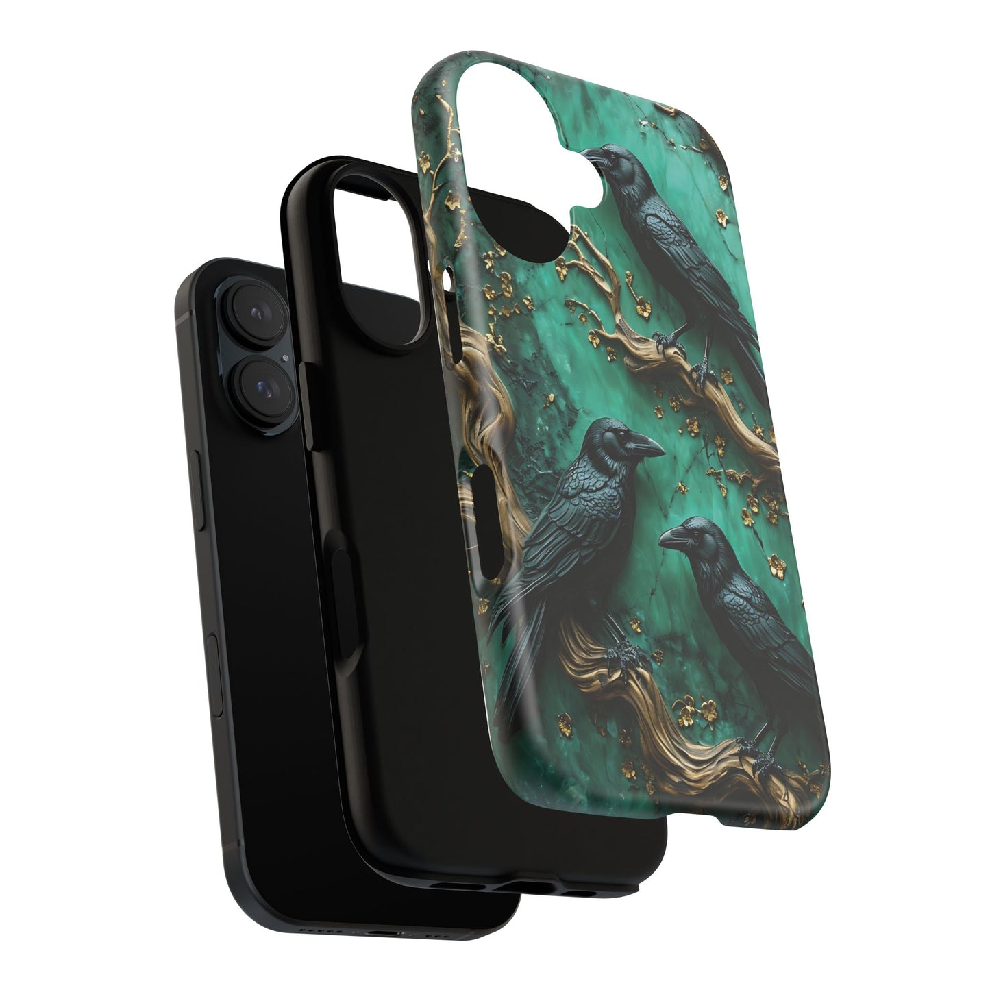 Three Black Ravens Perched On Gold-Accent Branches phone case design