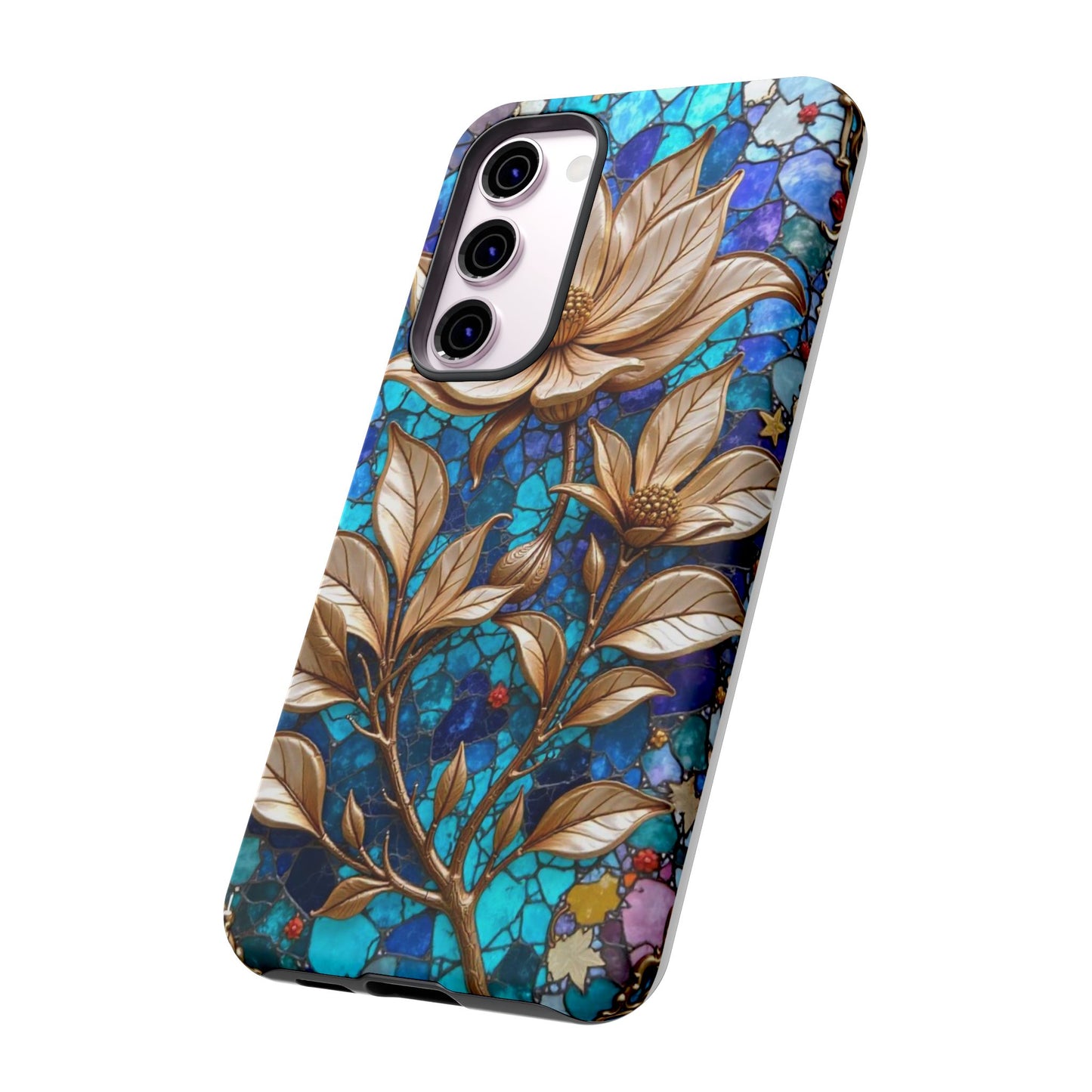 Golden Blossoms on Mosaic Blue Elegance