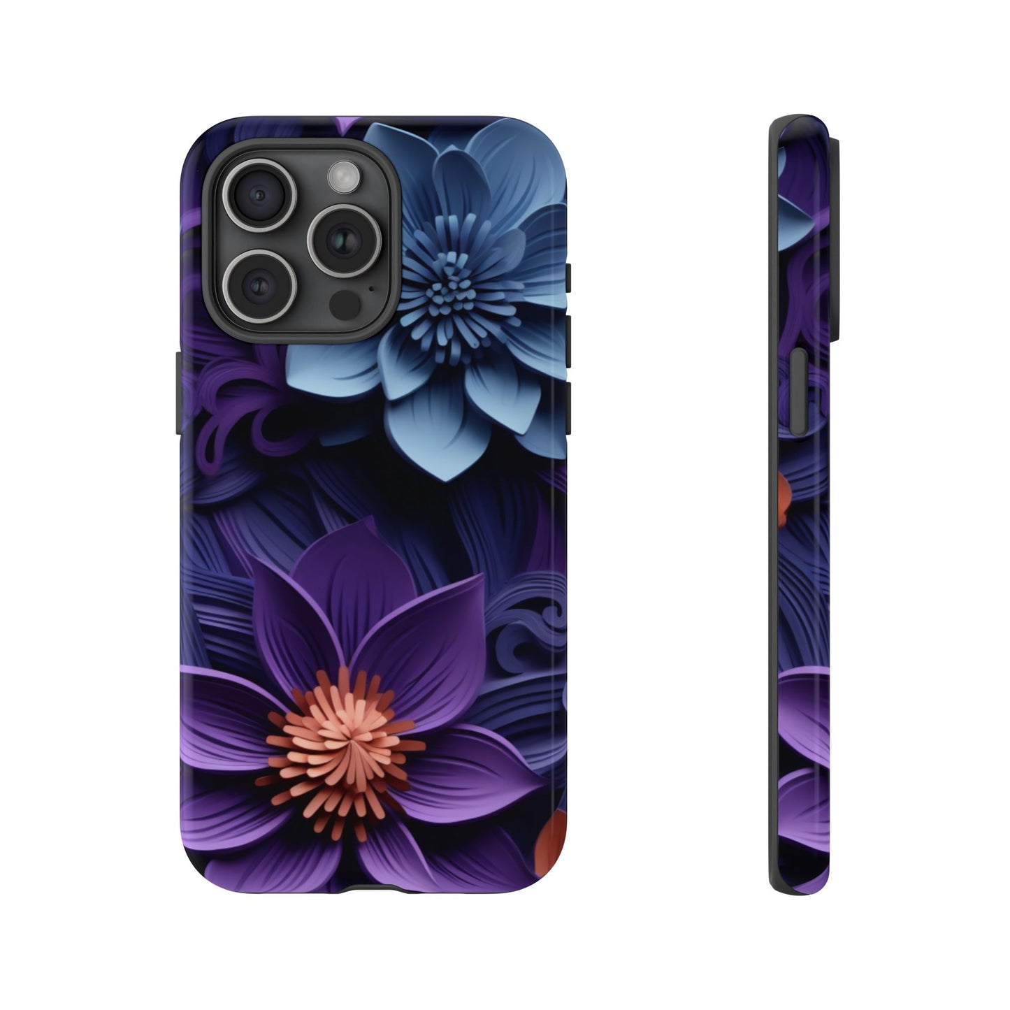 3D Floral Elegance Mobile Case – Midnight Blue & Purple Bloom