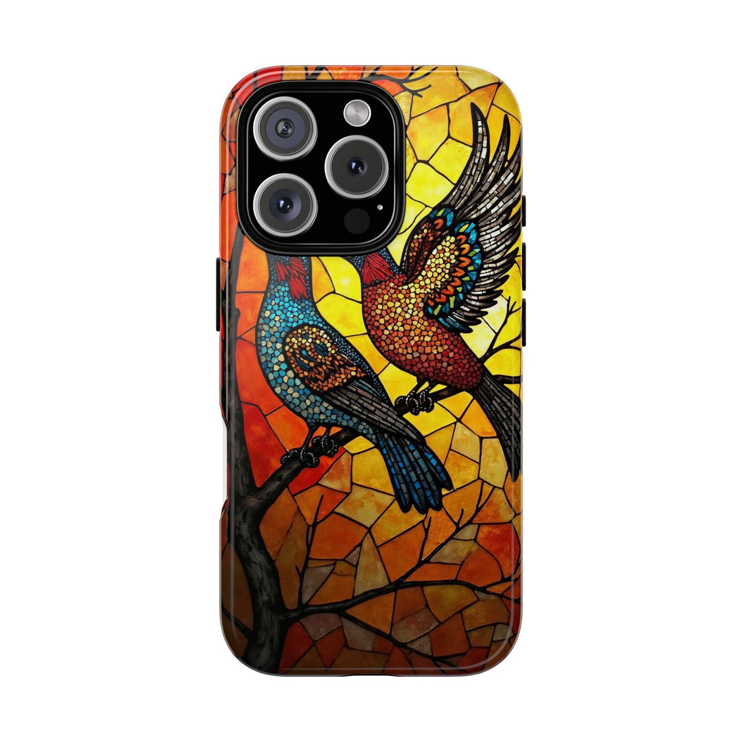Vibrant Hummingbirds with Stained Glass Charm