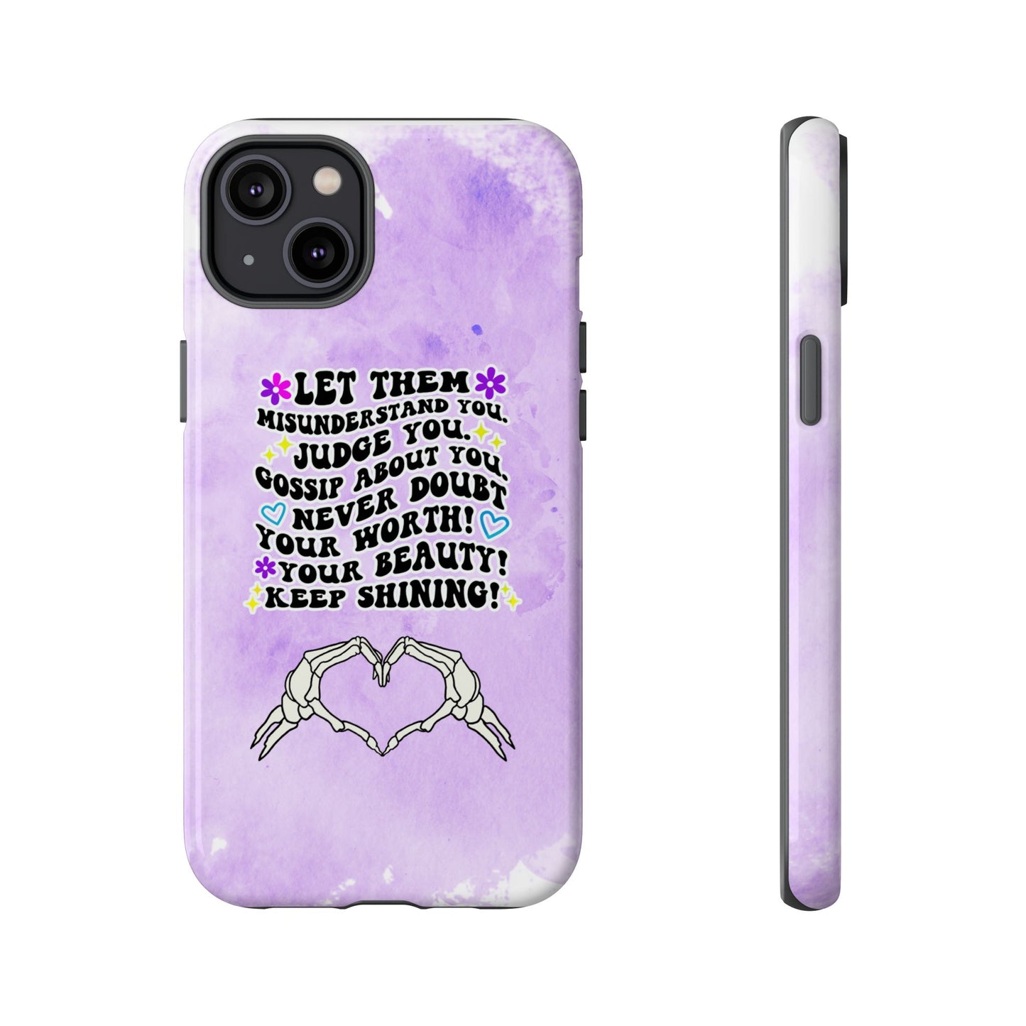 Skeleton Hand Heart Phone Case, Let Them Misunderstand You, Judge You, Gossip About You, Never Doubt Your Worth, Your Beauty Keep Shining Phone Case, Motivational Quote Cover for iPhone, Samsung & Google Pixel White Peach Checkered Pattern Phone Cover