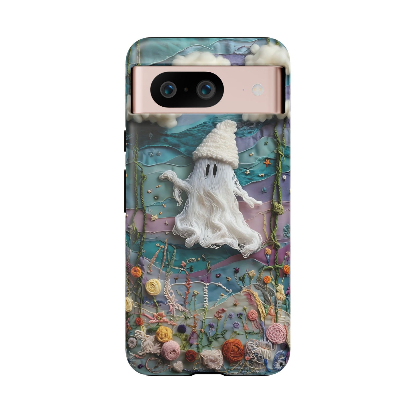 Whimsical Ghost Surrounded By Vibrant Embroidered Flowers phone case design.