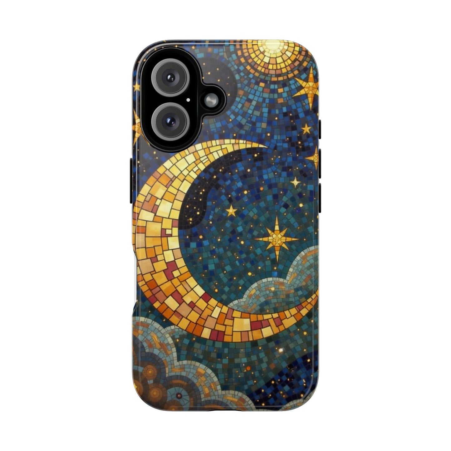 Golden Crescent: Mosaic Moon and Starry Night
