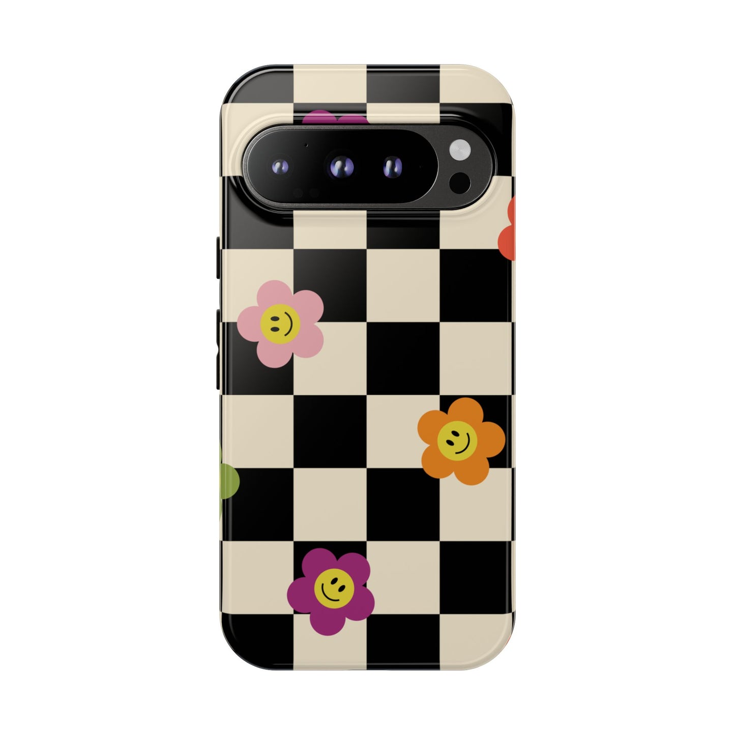 Retro Floral Phone Case – Vintage Flowers on Black & Beige Tiles, Chess Phone Case | For iPhone, Samsung & Google Pixel
