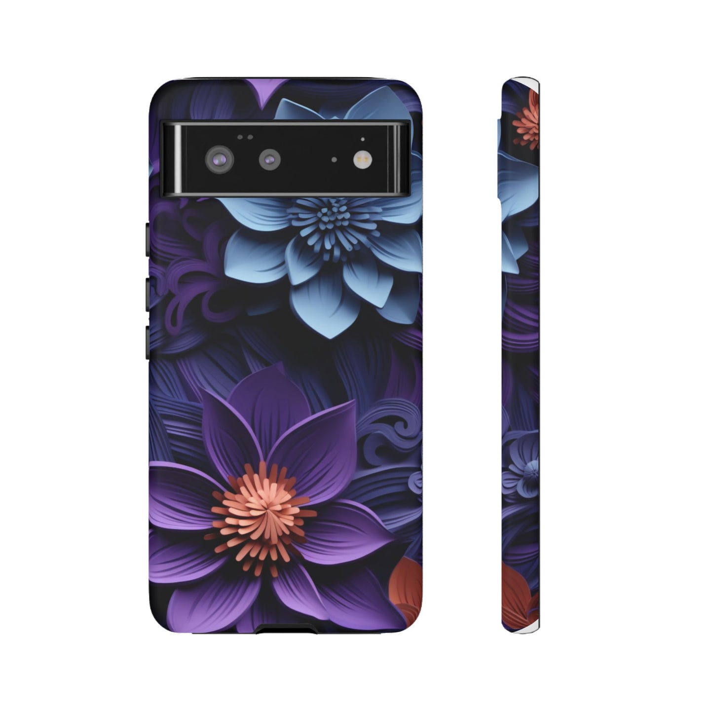 3D Floral Elegance Mobile Case – Midnight Blue & Purple Bloom