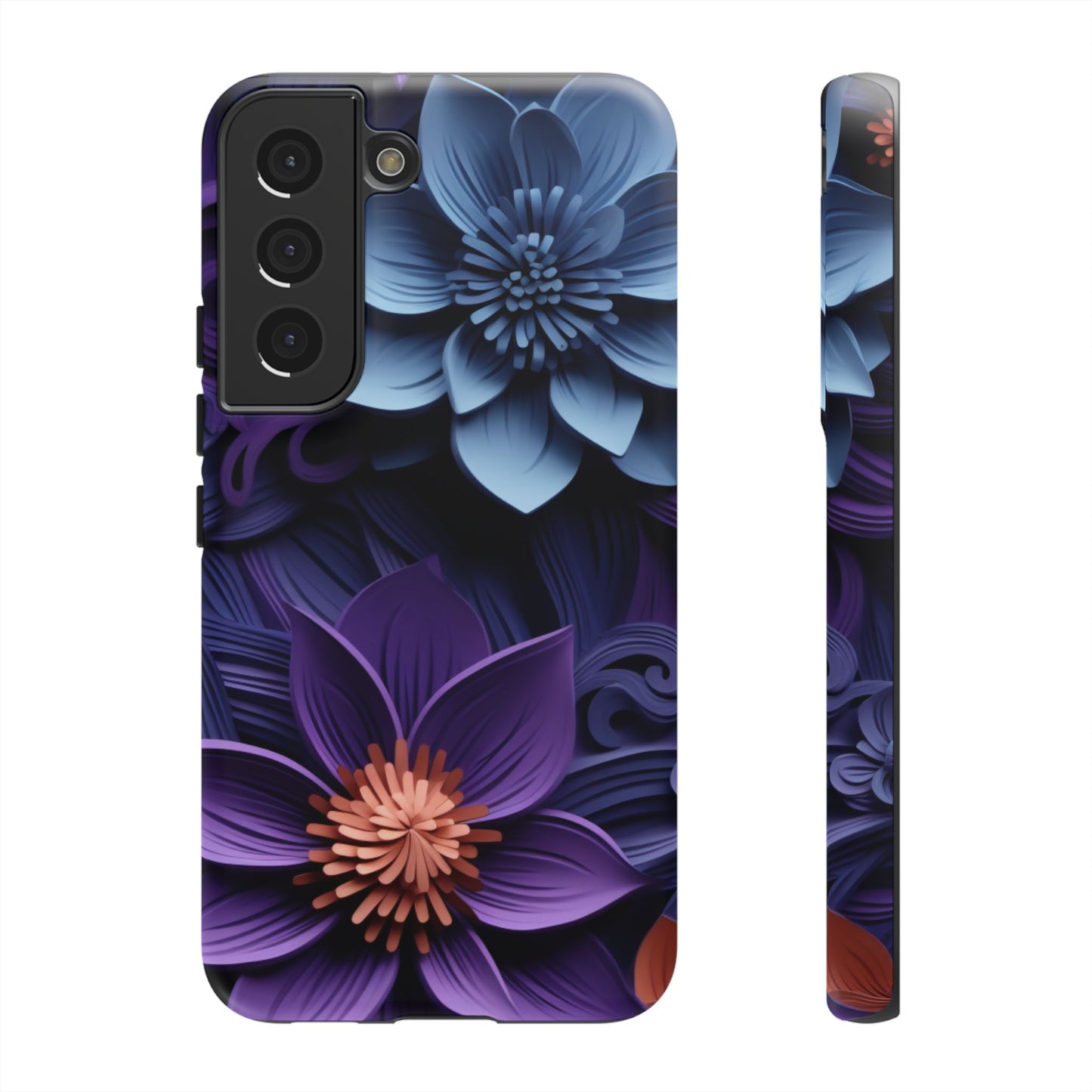 3D Floral Elegance Mobile Case – Midnight Blue & Purple Bloom