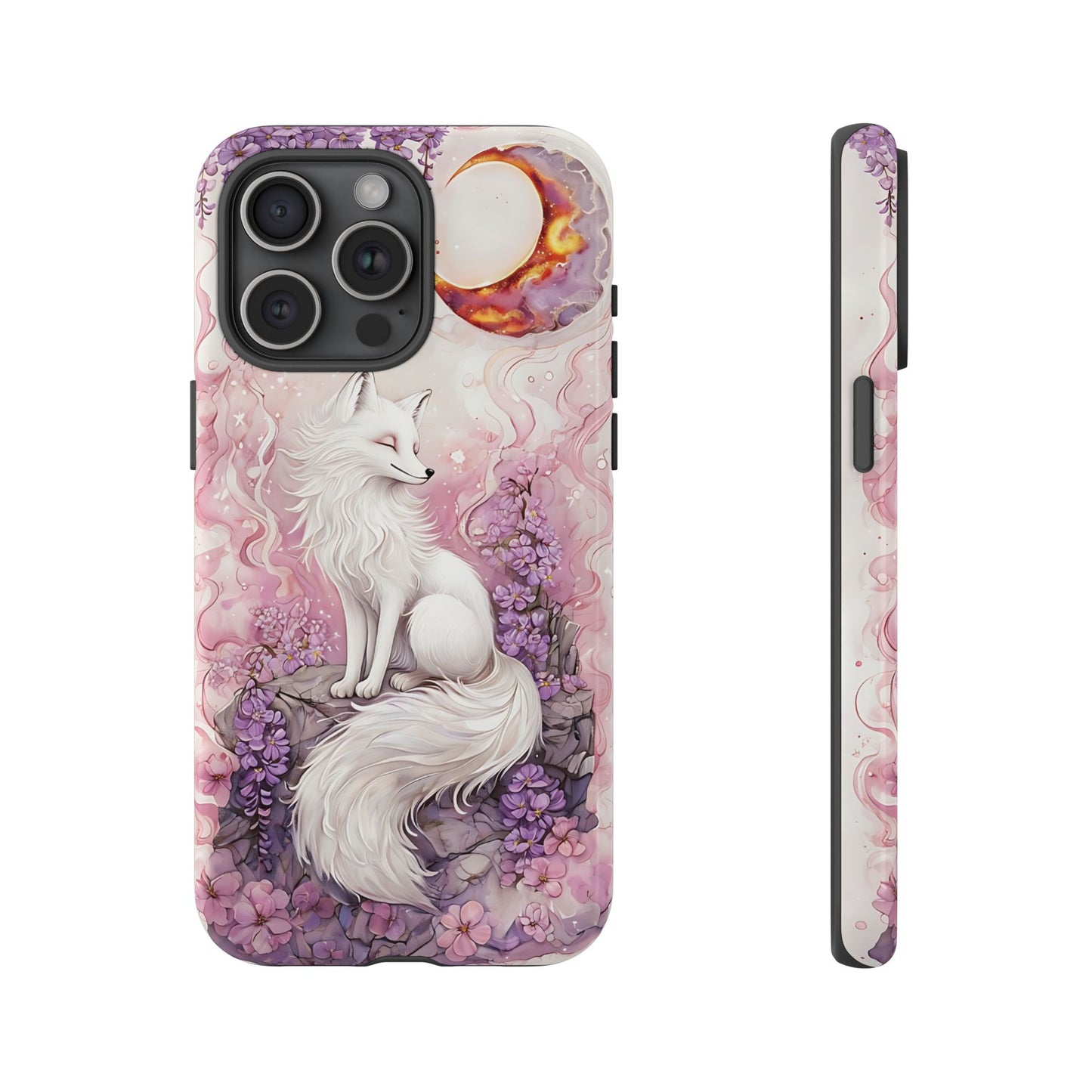 Whimsical White Fox Surrounded By Lavender And Pink Blooms phone case design.