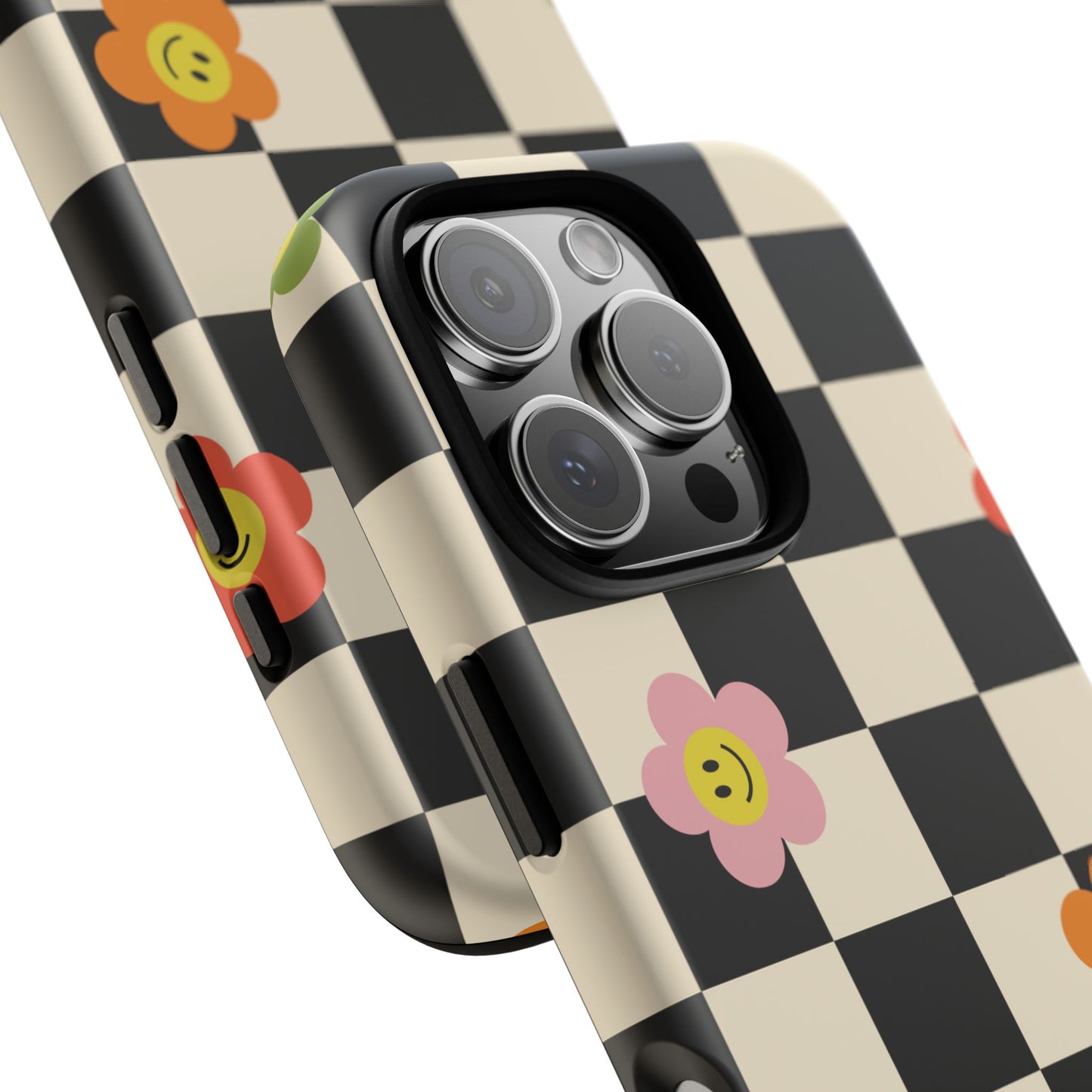 Retro Floral Phone Case – Vintage Flowers on Black & Beige Tiles, Chess Phone Case | For iPhone, Samsung & Google Pixel