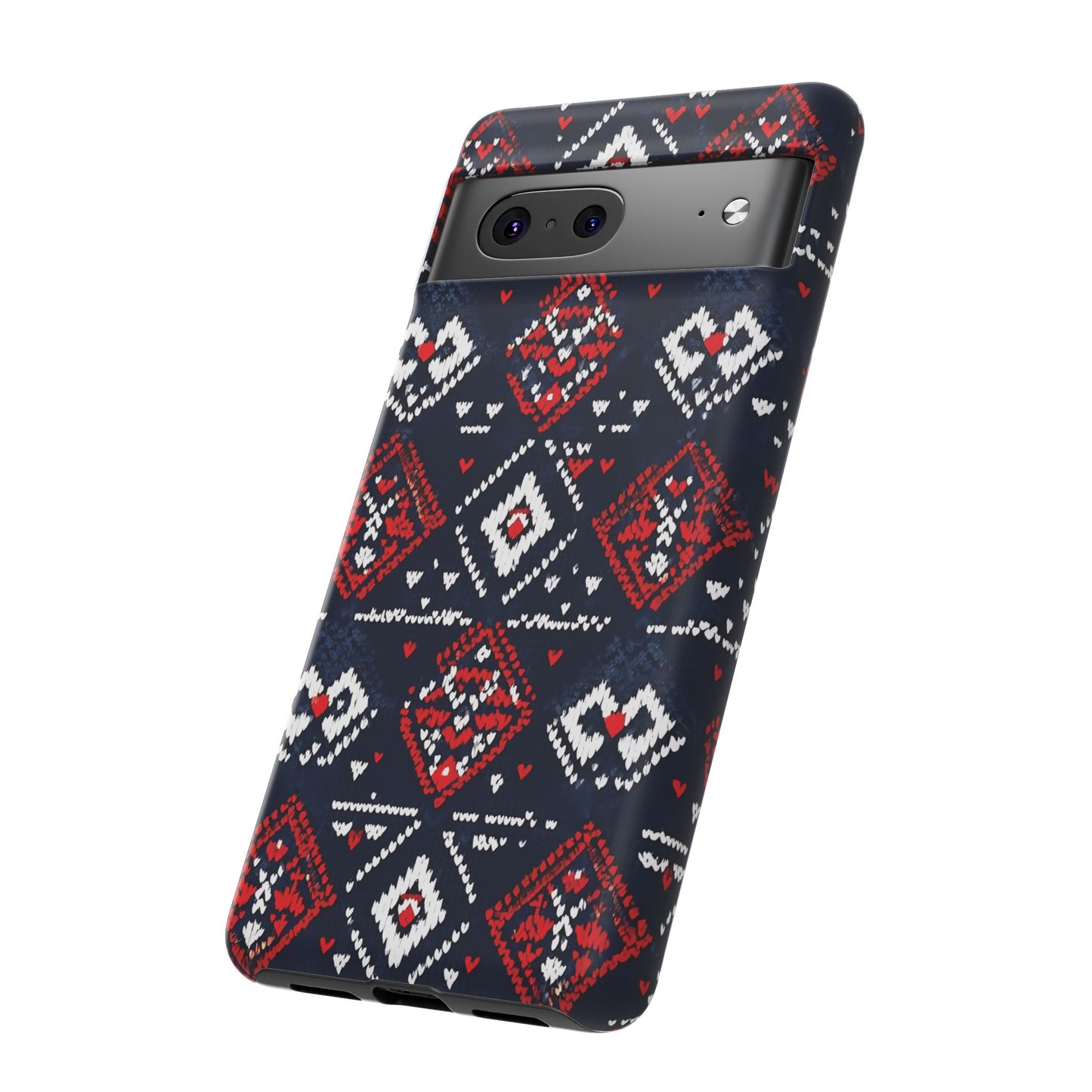 Knitted Pattern With Diamonds And Festive Motifs On Navy phone case design.