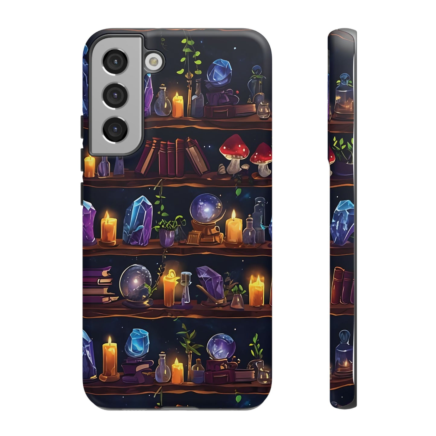 Fantasy Seamless Pattern Of Wooden Shelves Filled With Mystical Items phone case design.