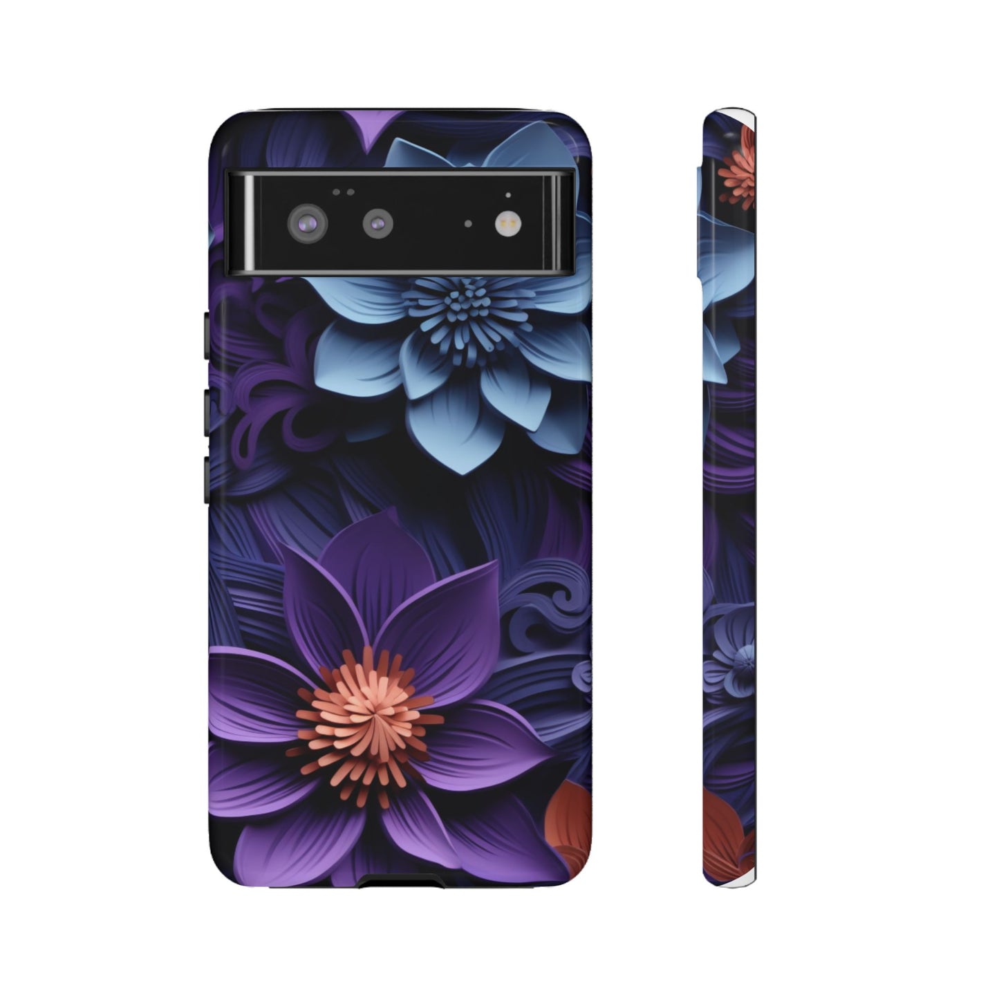 3D Floral Elegance Mobile Case – Midnight Blue & Purple Bloom