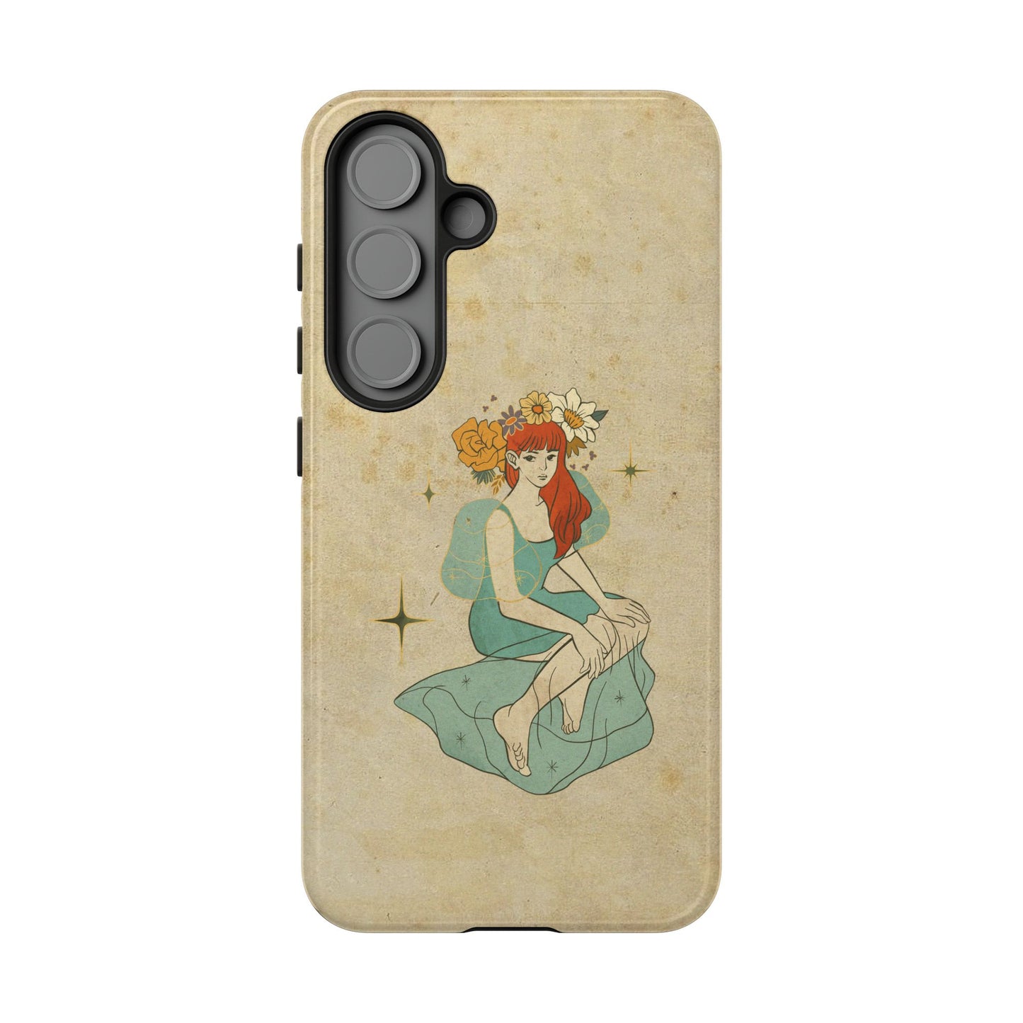 Vintage Aesthetic Phone Case – Cute Girl with Flower Crown | Minimal Beige Cover for iPhone, Samsung & Pixel
