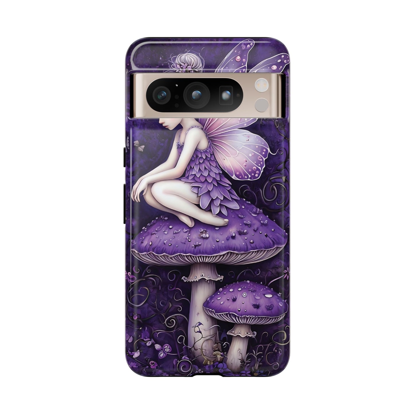 Whimsical Fairy Seated On Purple Mushroom In Enchanting Scene phone case design.