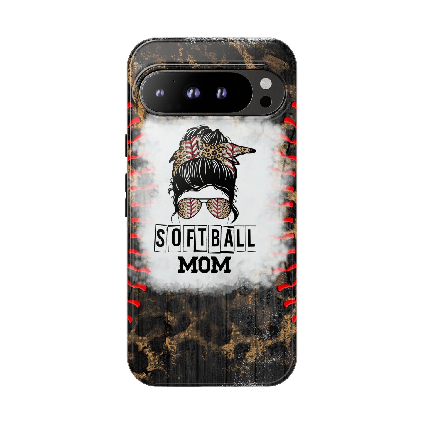 Softball Mom Phone Case for iPhone, Samsung & Google Pixel, Messy Bun Phone Case, Leopard Print Phone Case, Sports Lover Gift