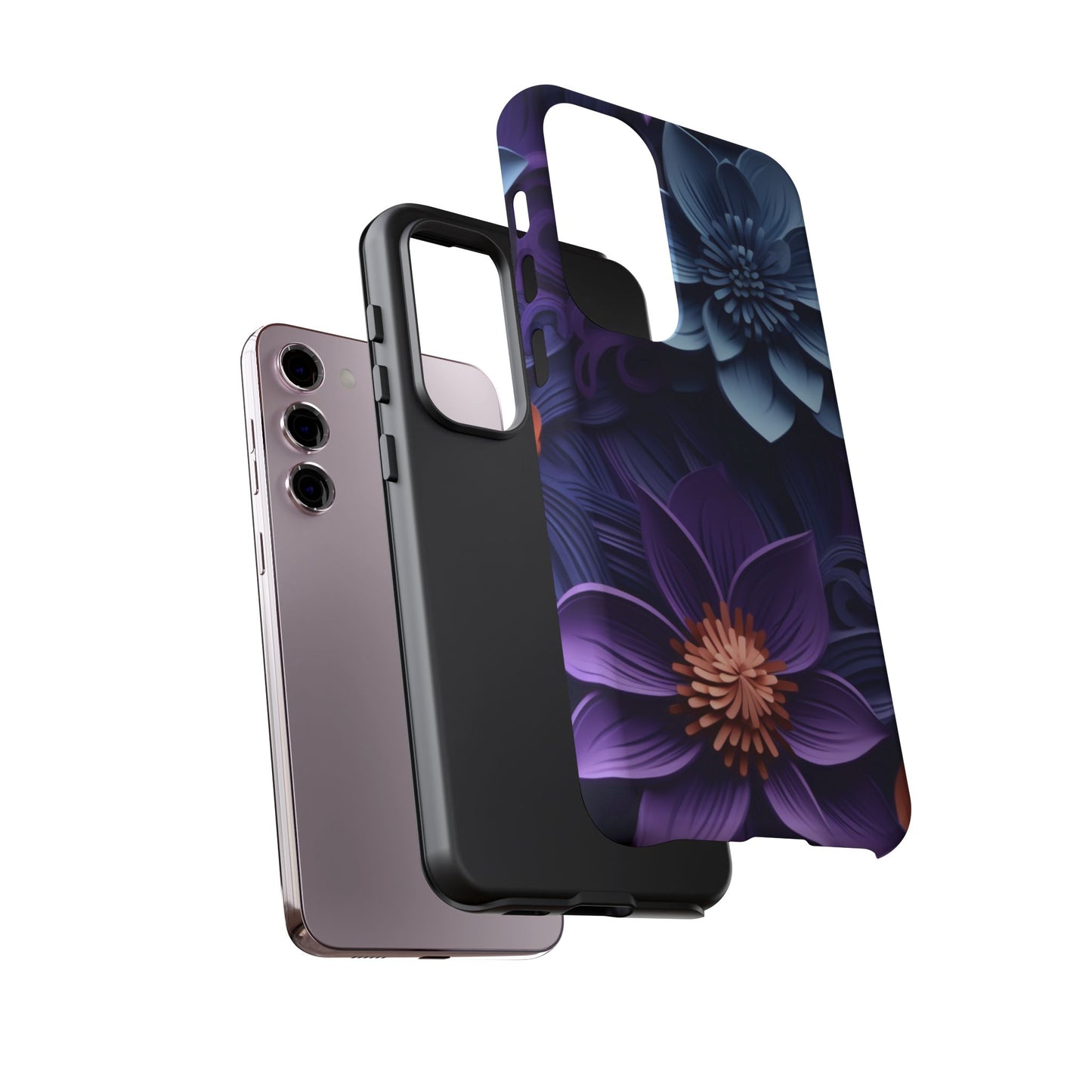 3D Floral Elegance Mobile Case – Midnight Blue & Purple Bloom