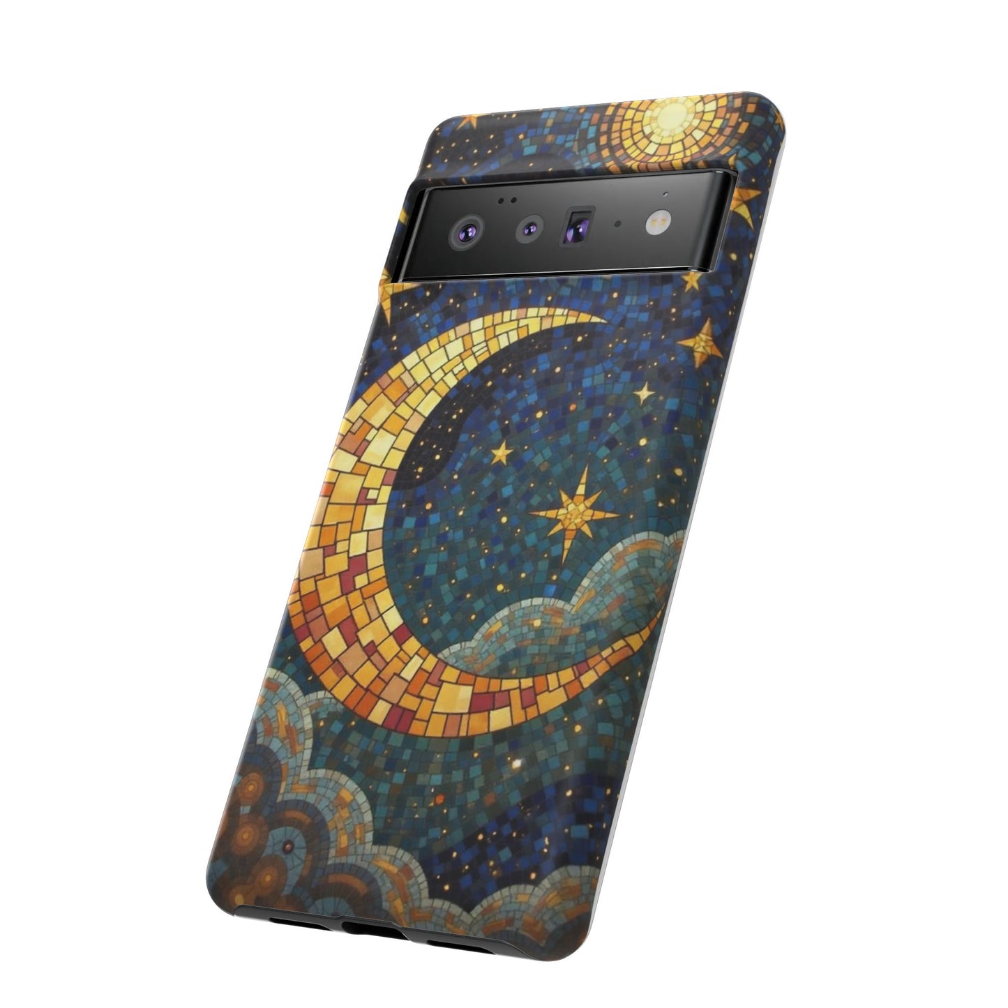 Golden Crescent: Mosaic Moon and Starry Night