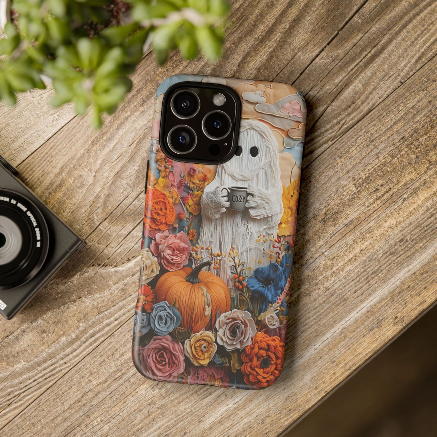 Colorful Whimsical Artwork of Ghost in Autumn Scene phone case design.