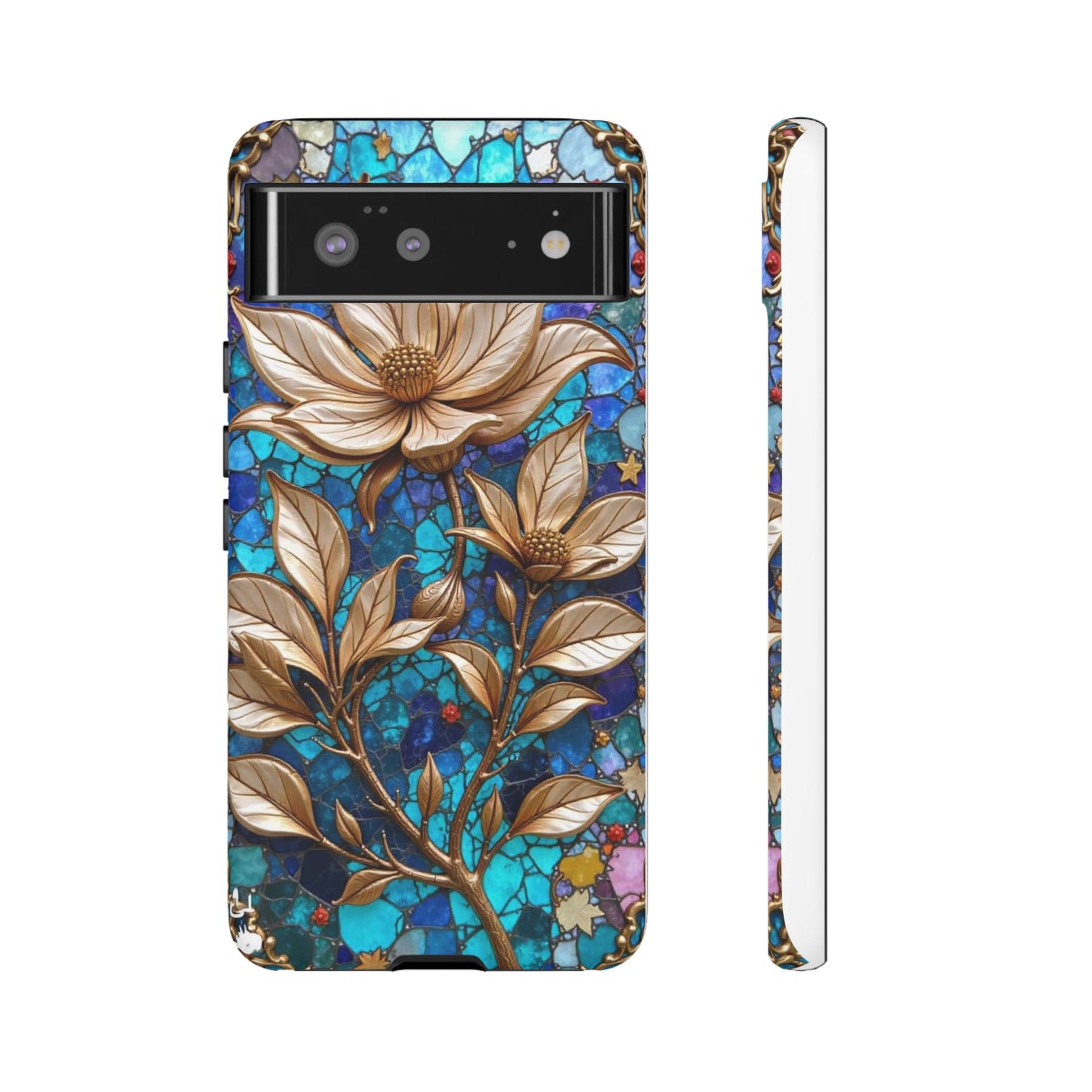 Golden Blossoms on Mosaic Blue Elegance