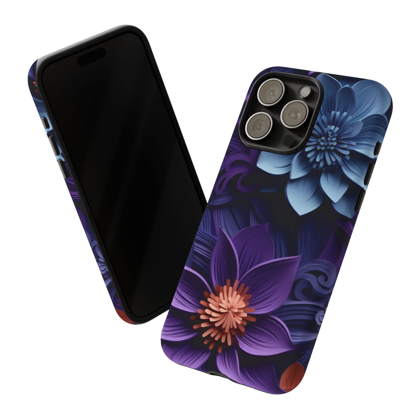 3D Floral Elegance Mobile Case – Midnight Blue & Purple Bloom