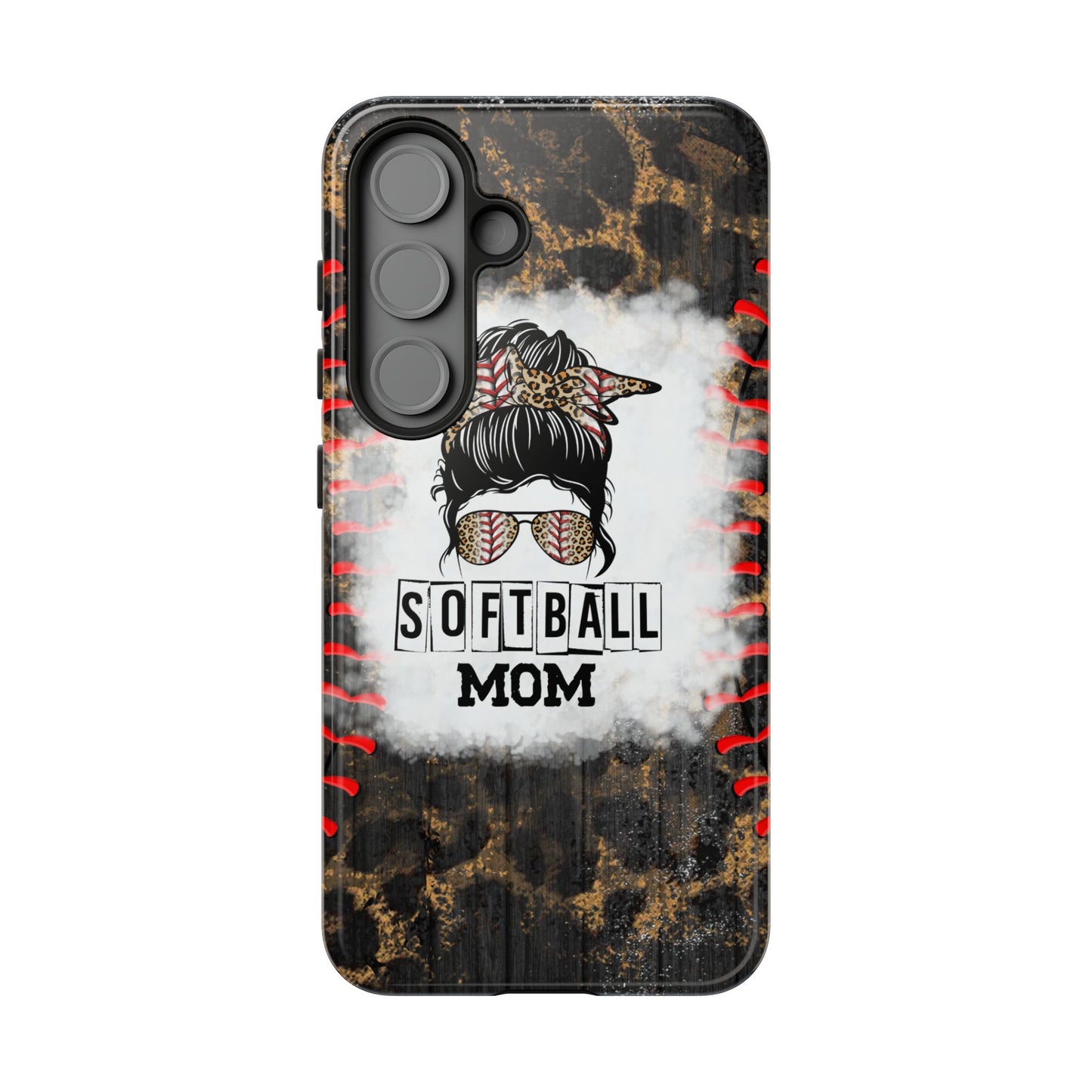 Softball Mom Phone Case for iPhone, Samsung & Google Pixel, Messy Bun Phone Case, Leopard Print Phone Case, Sports Lover Gift