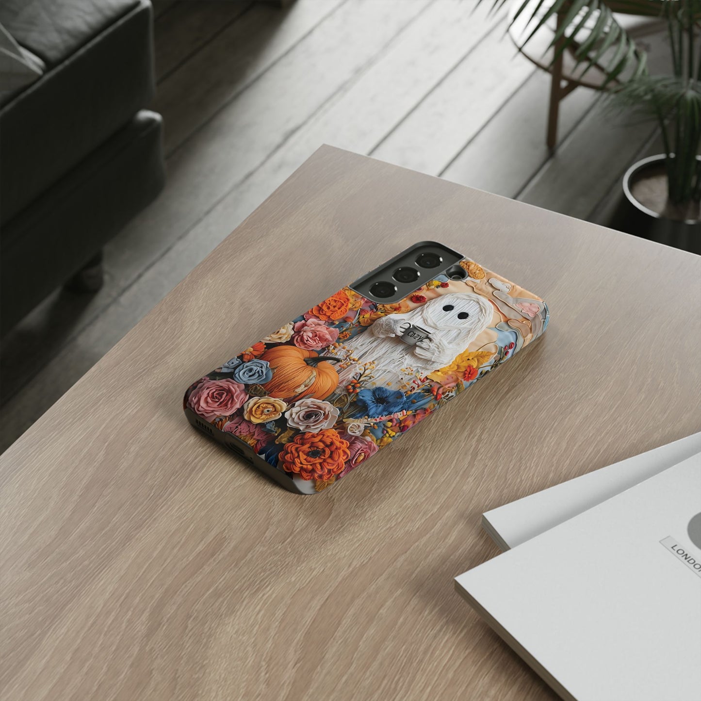 Colorful Whimsical Artwork of Ghost in Autumn Scene phone case design.