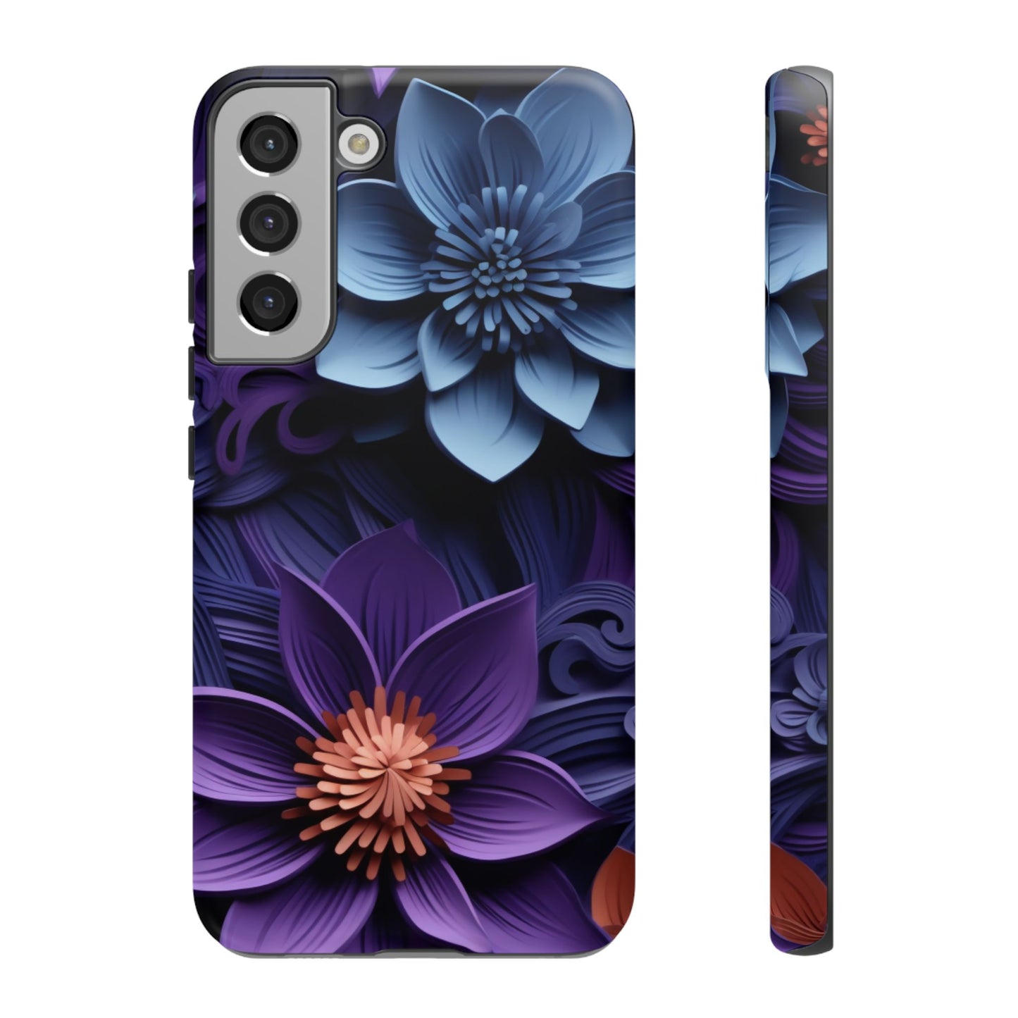 3D Floral Elegance Mobile Case – Midnight Blue & Purple Bloom