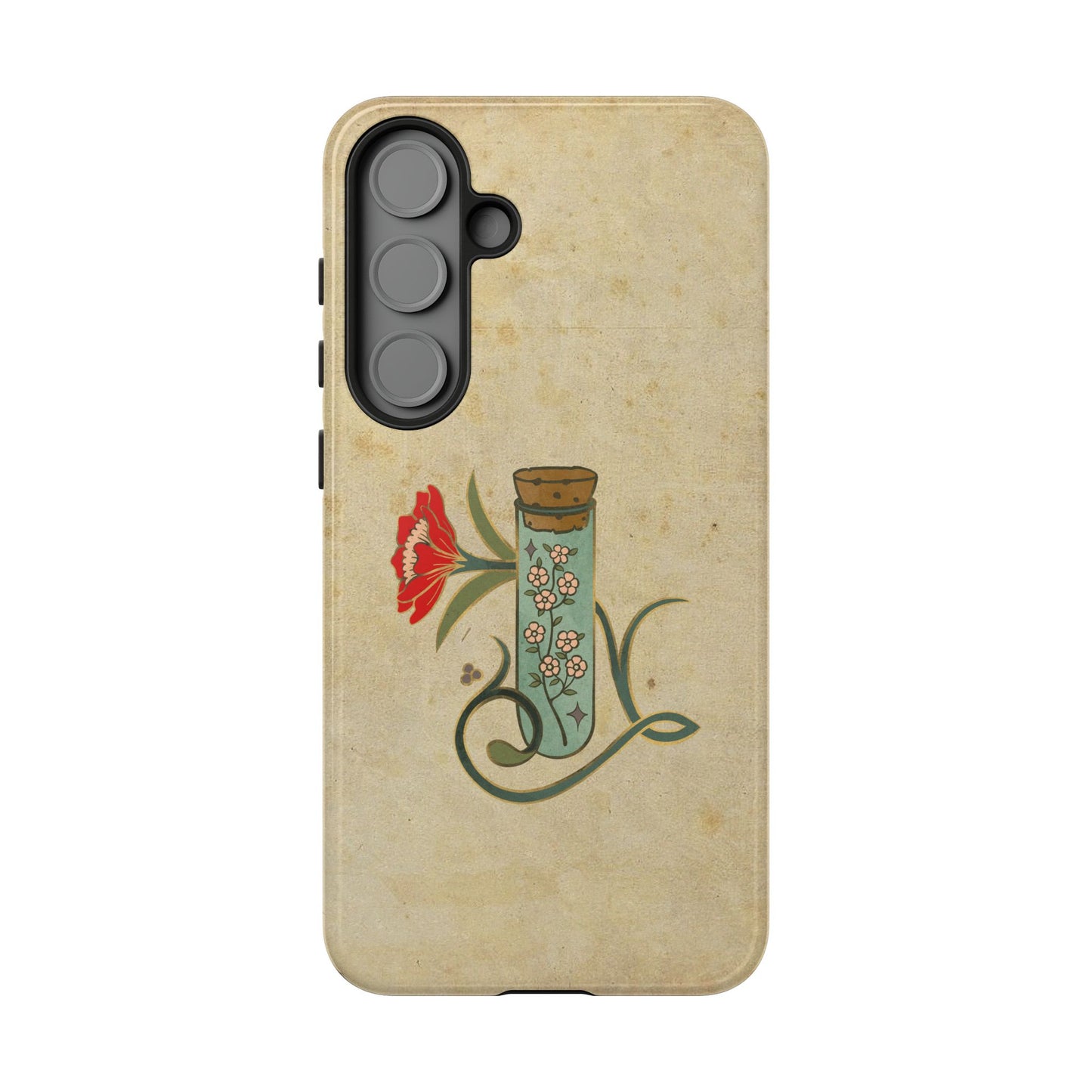 Vintage Floral Glass Tube Phone Case – Minimal Aesthetic, Beige Background (iPhone, Samsung, Pixel)