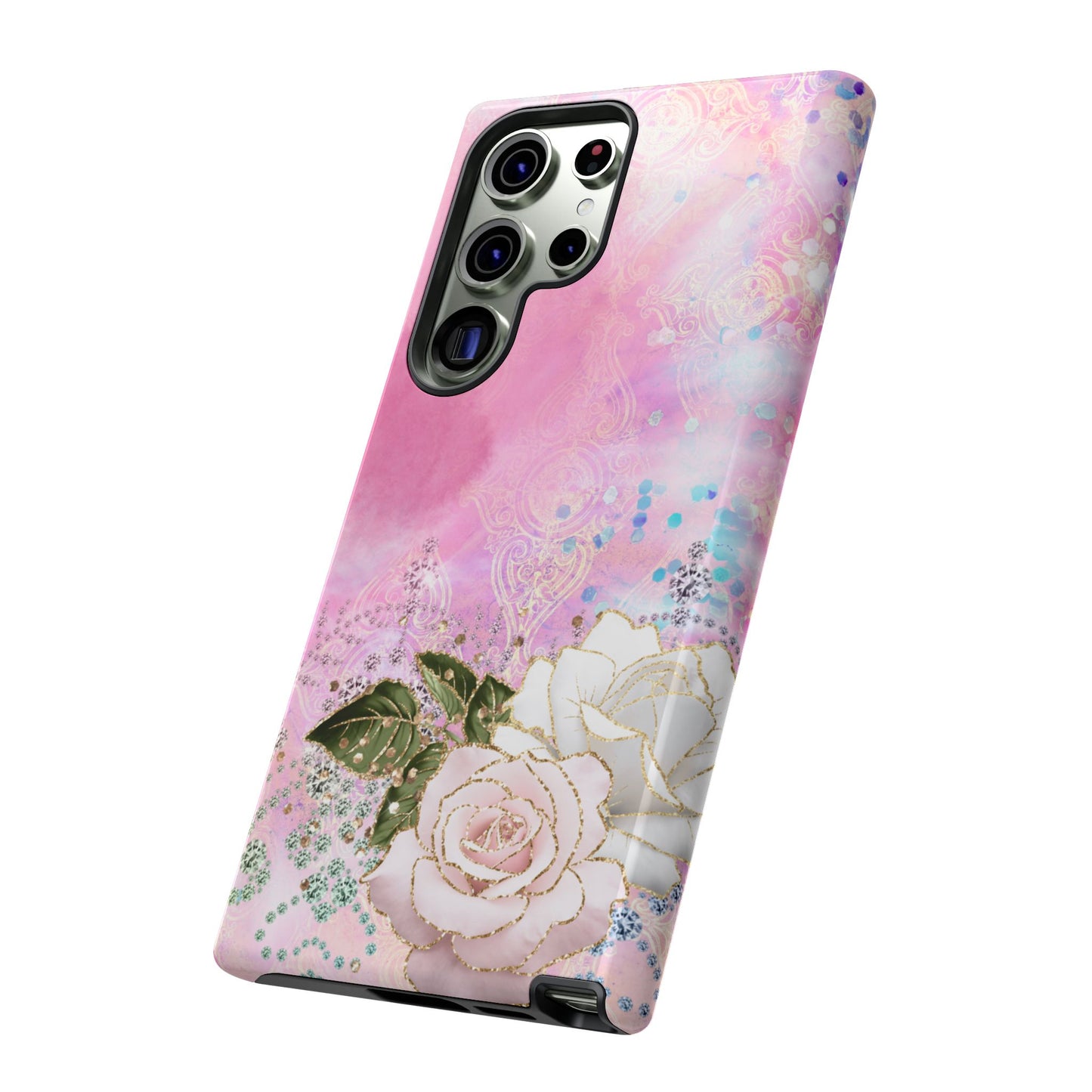 Luxury Pink & White Rose Glitter Mobile Case – Elegant & Shimmering Design
