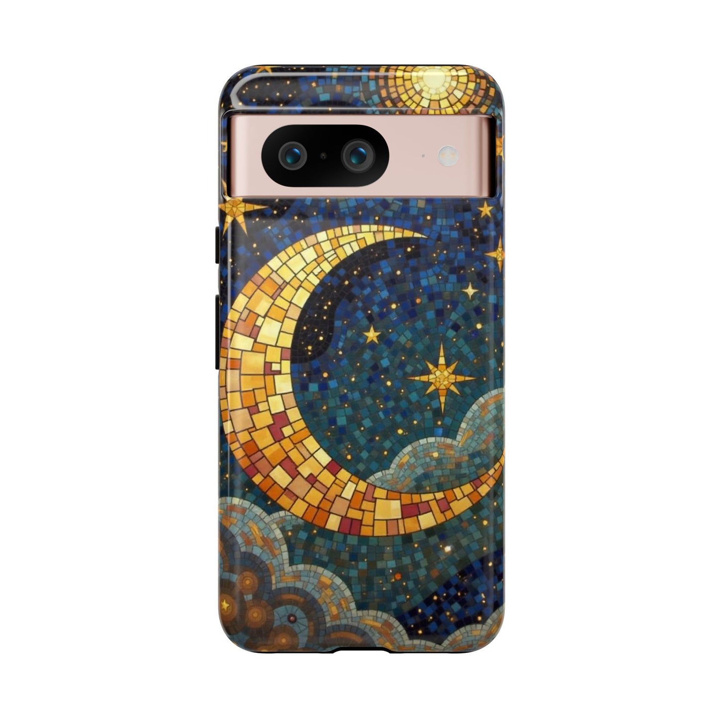 Golden Crescent: Mosaic Moon and Starry Night
