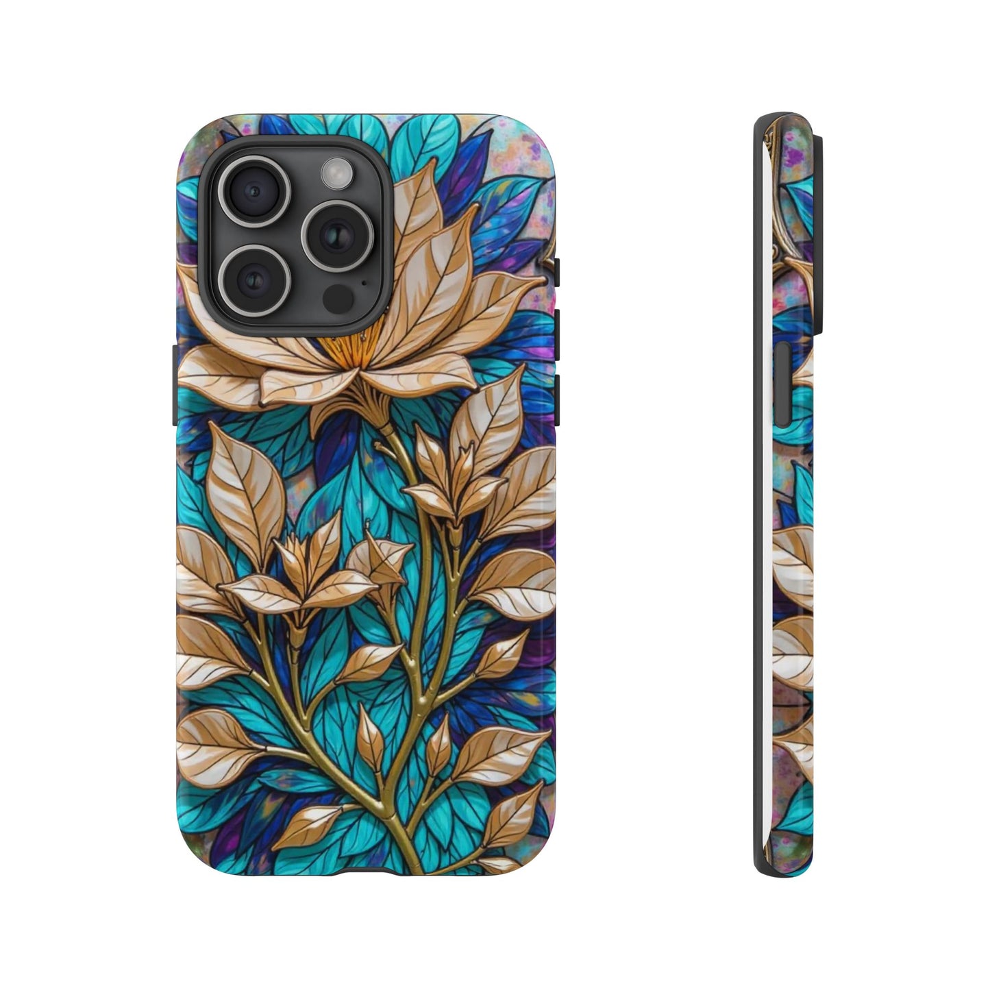 Majestic Golden Blossoms on Mosaic Blue Splendor