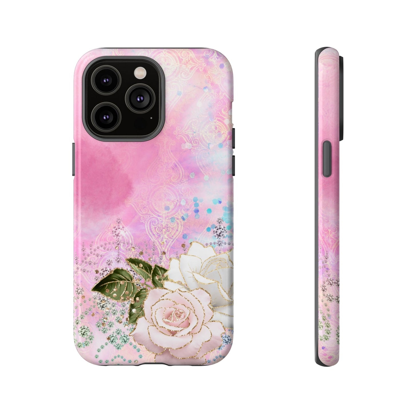 Luxury Pink & White Rose Glitter Mobile Case – Elegant & Shimmering Design