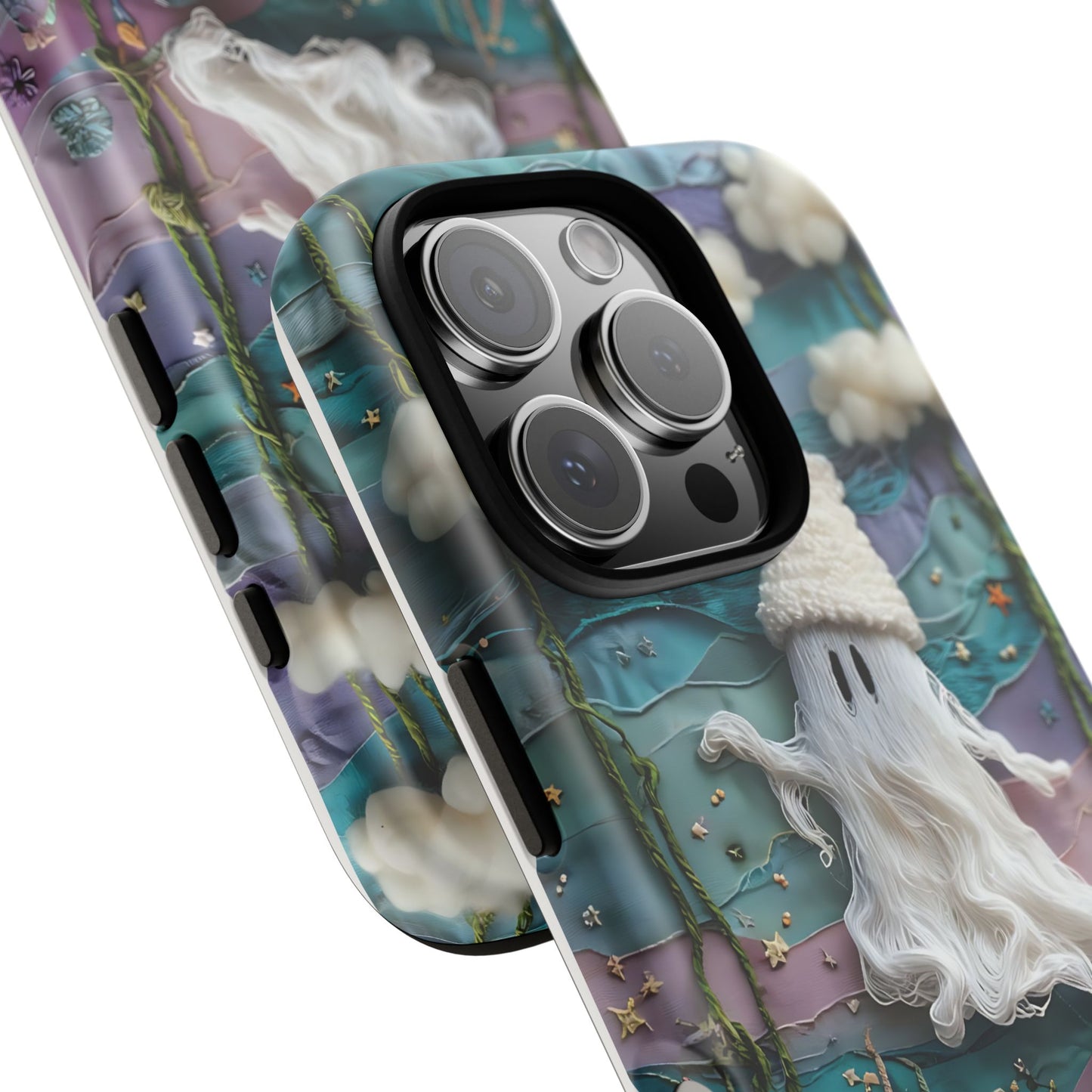 Whimsical Ghost Surrounded By Vibrant Embroidered Flowers phone case design.