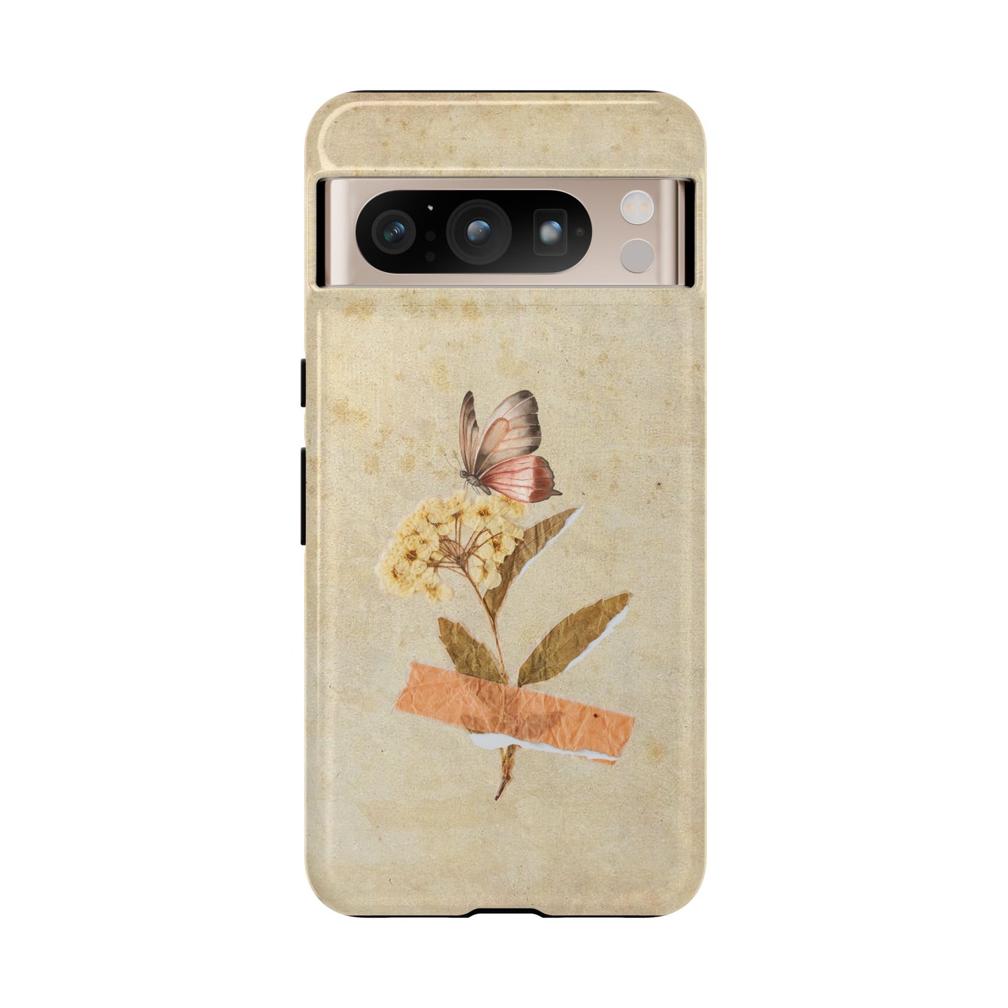 Minimal Vintage Floral Phone Case – Yellow Flower & Butterfly on Beige | For iPhone, Samsung & Google Pixel