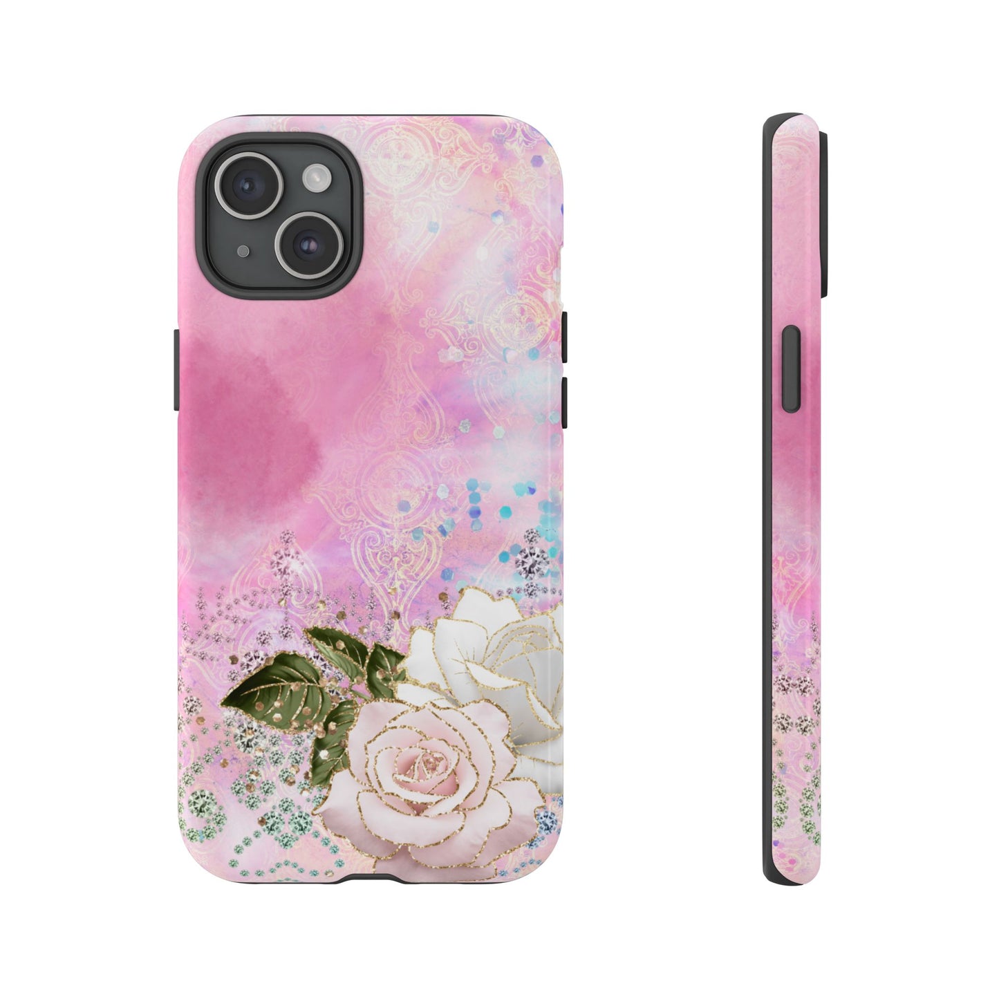 Luxury Pink & White Rose Glitter Mobile Case – Elegant & Shimmering Design