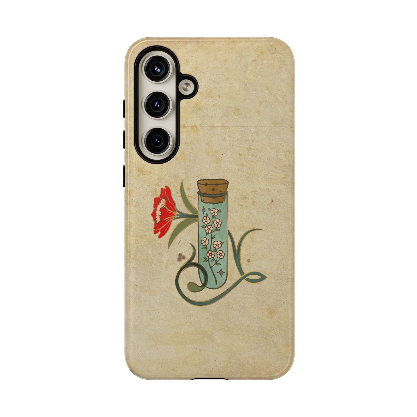 Vintage Floral Glass Tube Phone Case – Minimal Aesthetic, Beige Background (iPhone, Samsung, Pixel)