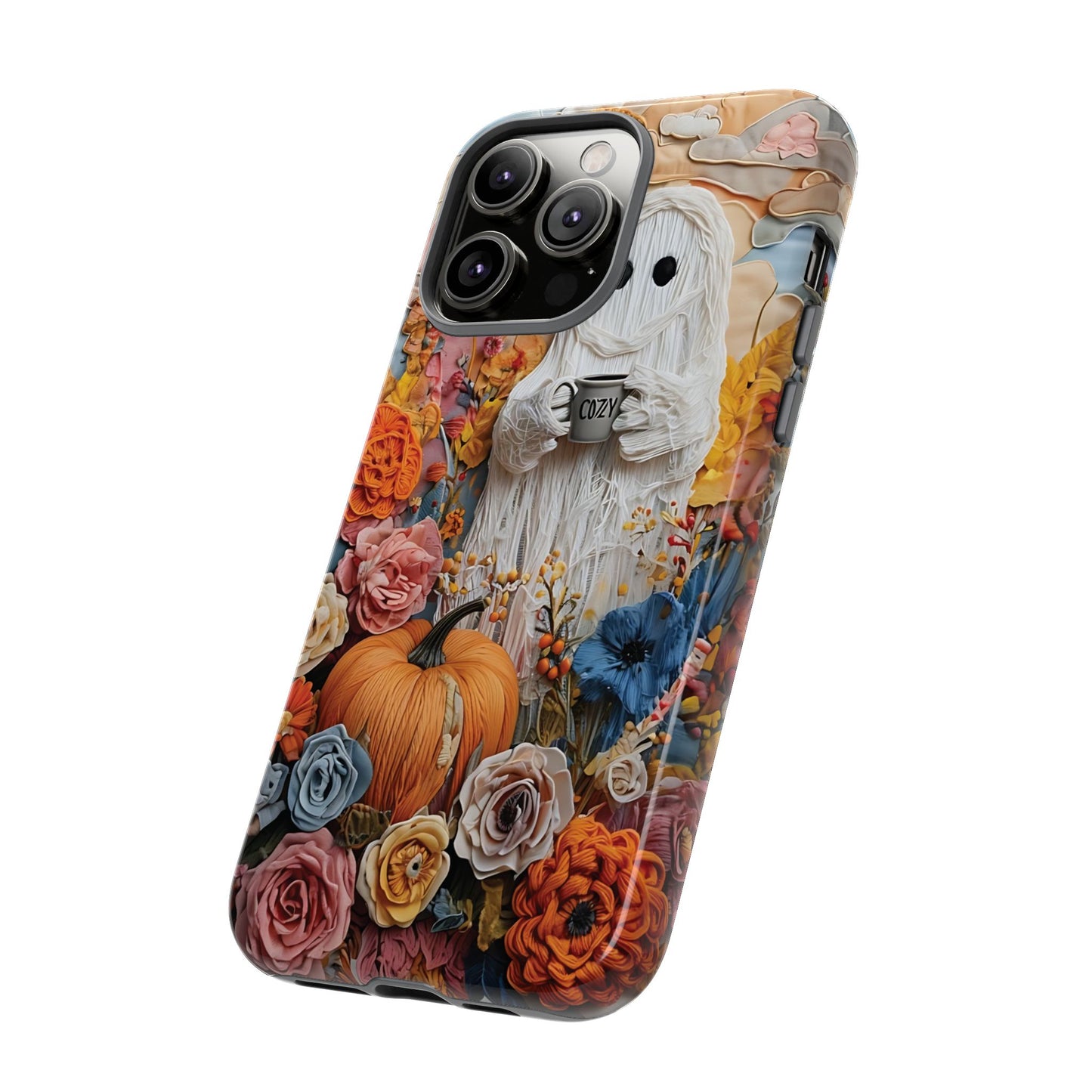 Colorful Whimsical Artwork of Ghost in Autumn Scene phone case design.